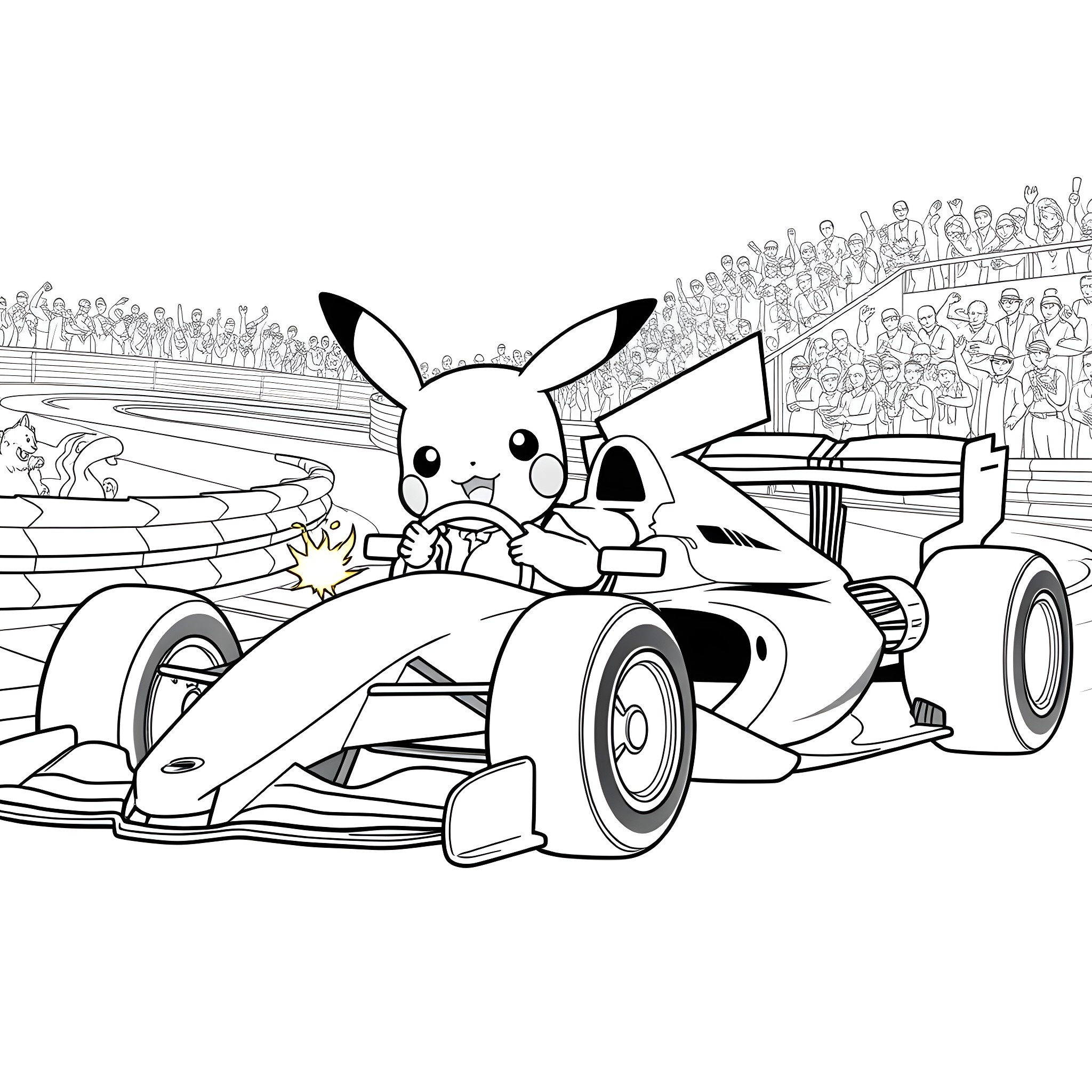 Pikachu racing in a Formula 1 car Coloring Page (free black-and-white line drawing printable PDF for all, from beginners to advanced learners, including children, teens, adults, and seniors)