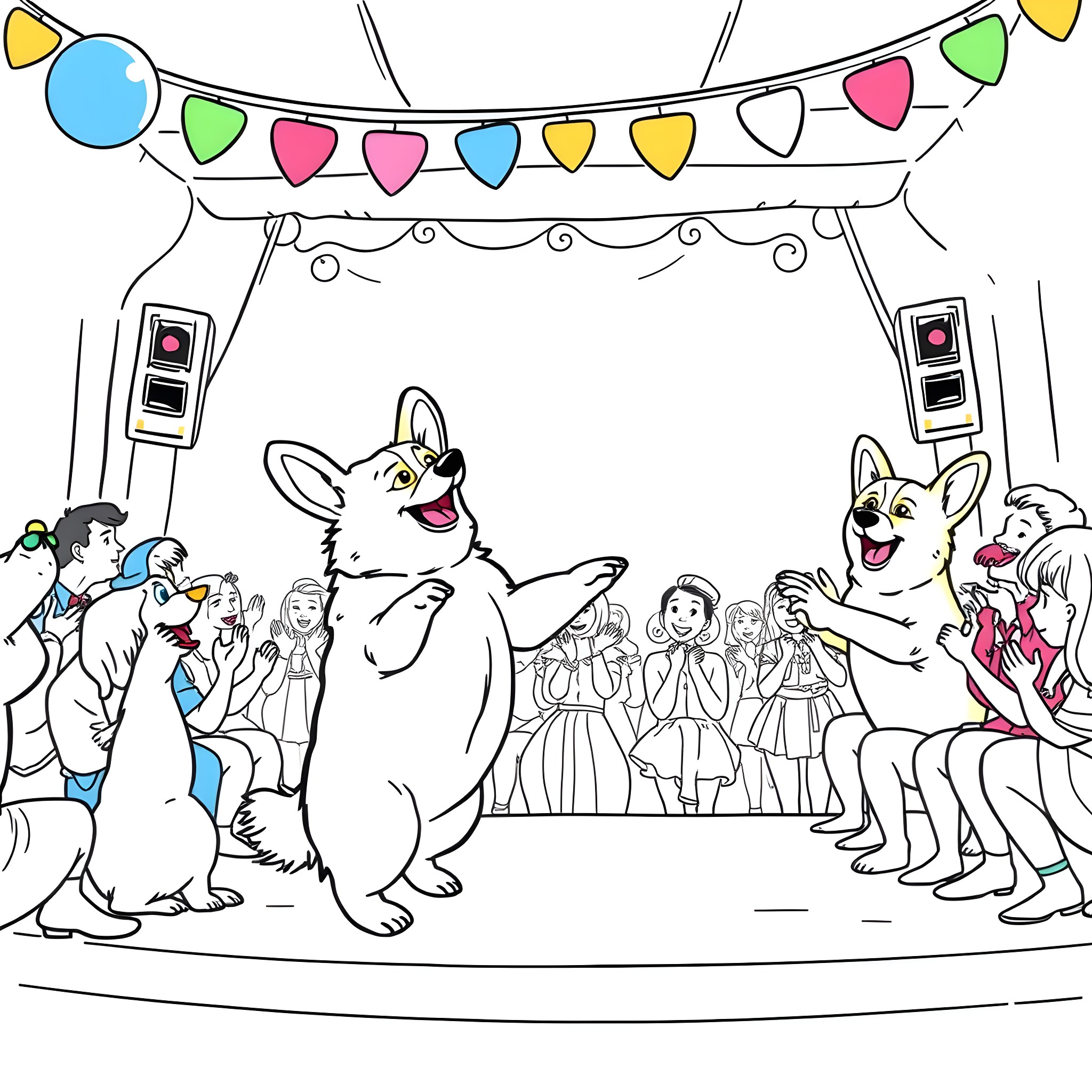 Corgi attending a festive party with people Coloring Page (free black-and-white line drawing printable PDF for all, from beginners to advanced learners, including children, teens, adults, and seniors)