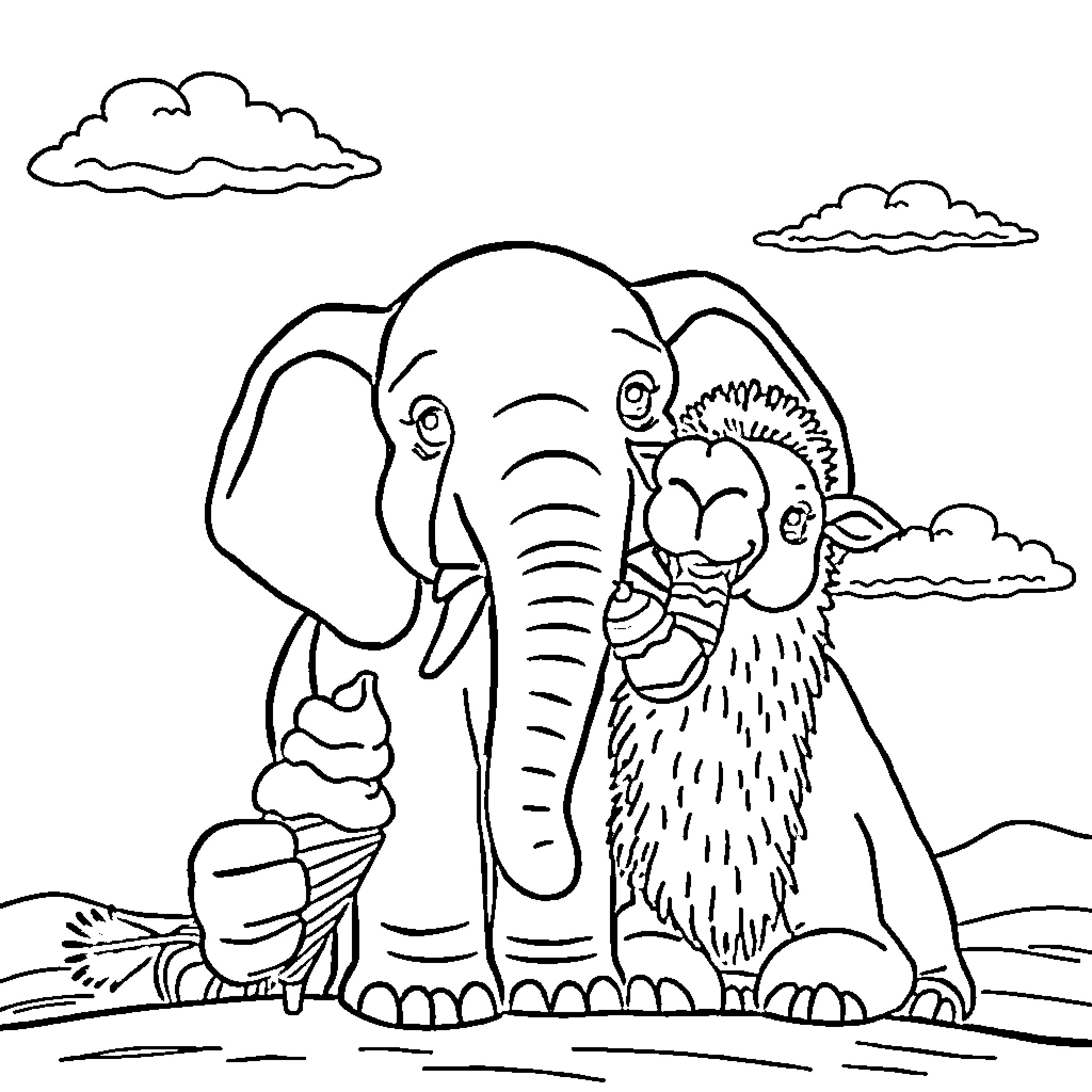 Elephant and Lion Sharing a Moment in the Wild Coloring Page (free black-and-white line drawing printable PDF for all, from beginners to advanced learners, including children, teens, adults, and seniors)