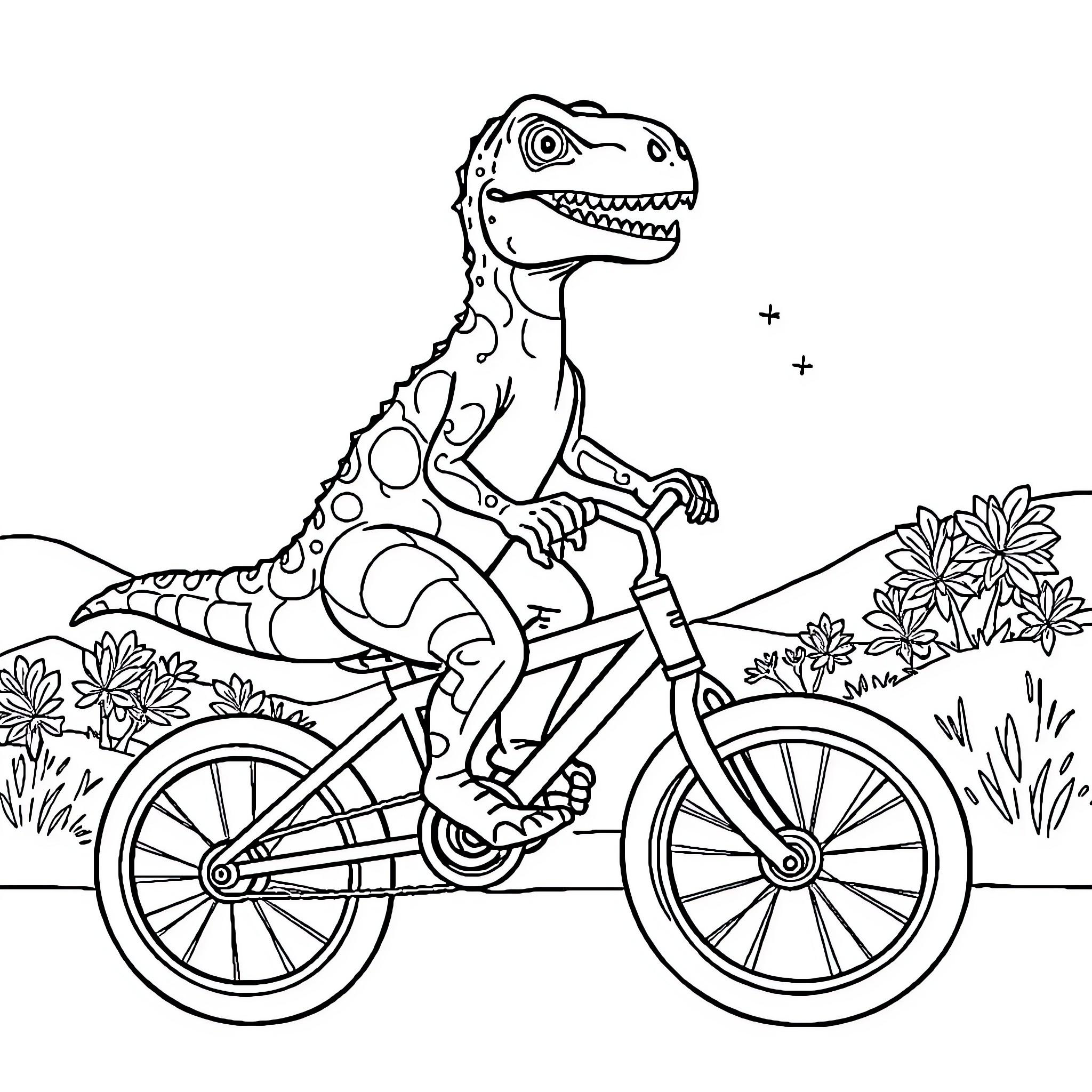 Velociraptor riding a bicycle through the wilderness Coloring Page (free black-and-white line drawing printable PDF for all, from beginners to advanced learners, including children, teens, adults, and seniors)