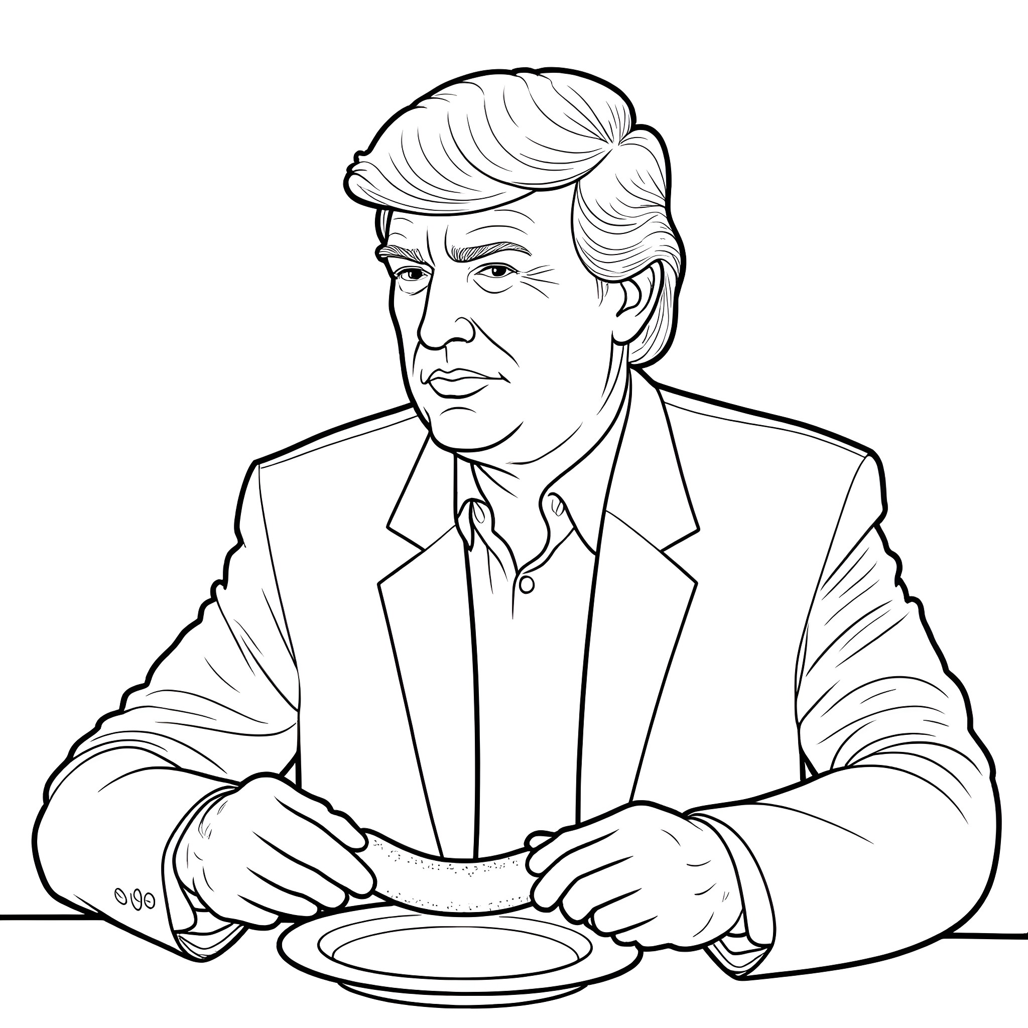 Donald Trump seated at a table Coloring Page (free black-and-white line drawing printable PDF for all, from beginners to advanced learners, including children, teens, adults, and seniors)