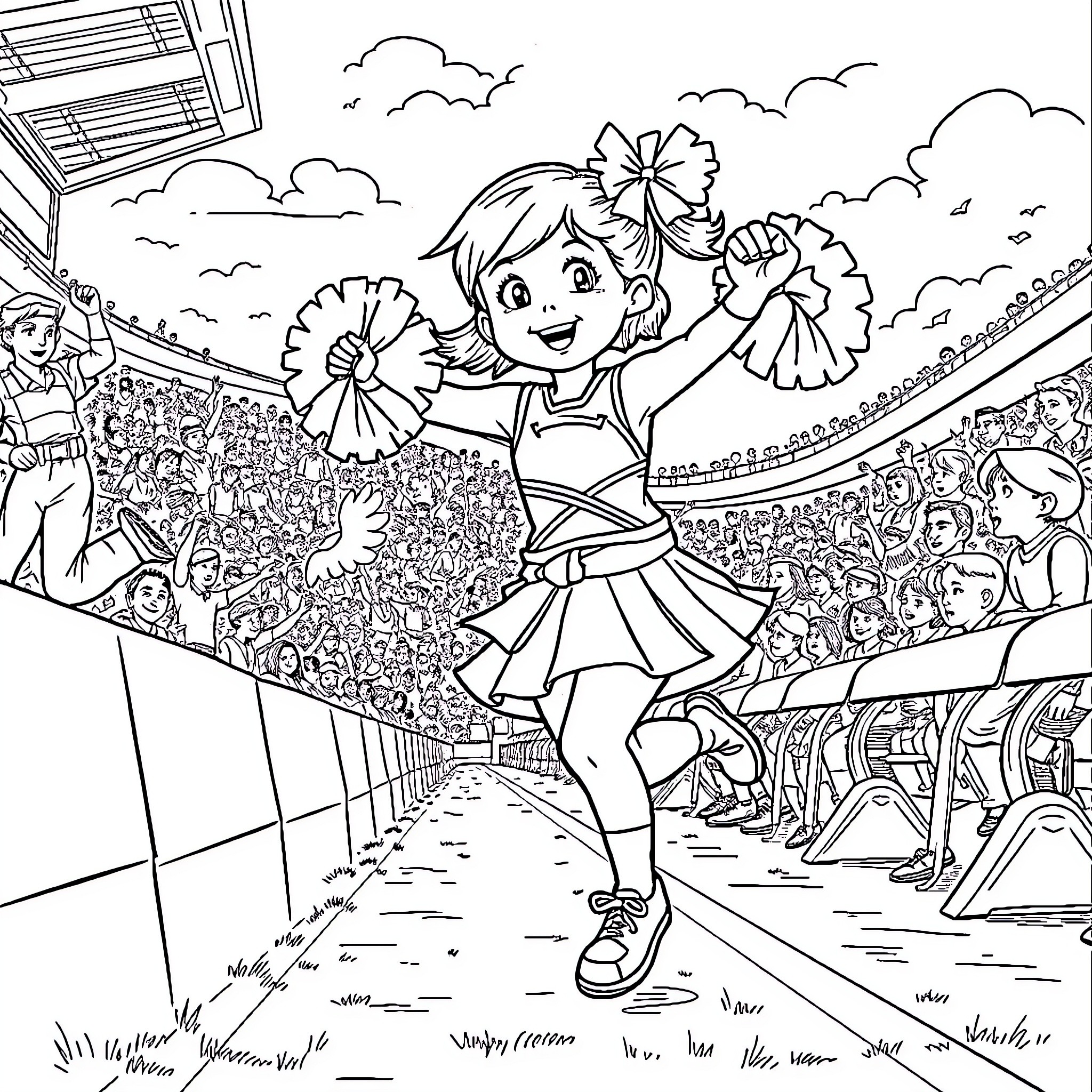 Girl Cheerfully Cheering at a Sporting Event Coloring Page (free black-and-white line drawing printable PDF for all, from beginners to advanced learners, including children, teens, adults, and seniors)