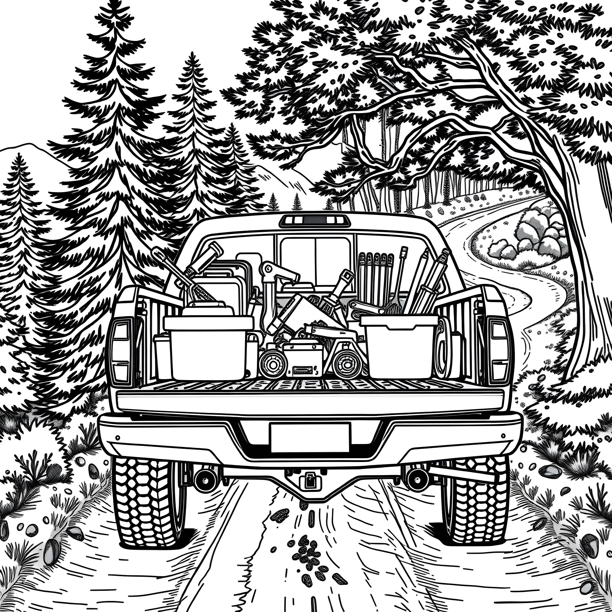 Truck Transporting Equipment Through the Forest Coloring Page (free black-and-white line drawing printable PDF for all, from beginners to advanced learners, including children, teens, adults, and seniors)