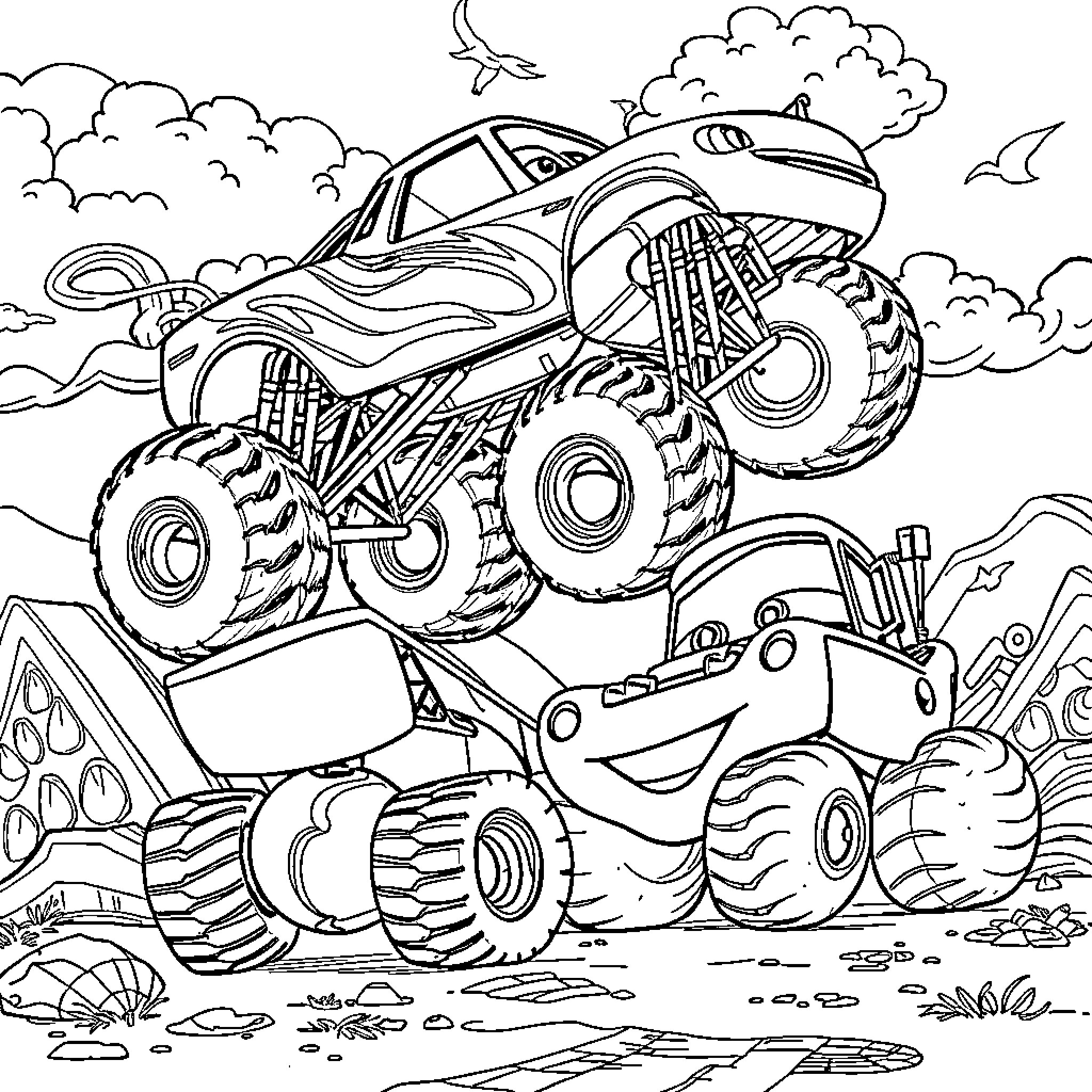 Monster Truck Performing Stunts in the Outdoors Coloring Page (free black-and-white line drawing printable PDF for all, from beginners to advanced learners, including children, teens, adults, and seniors)