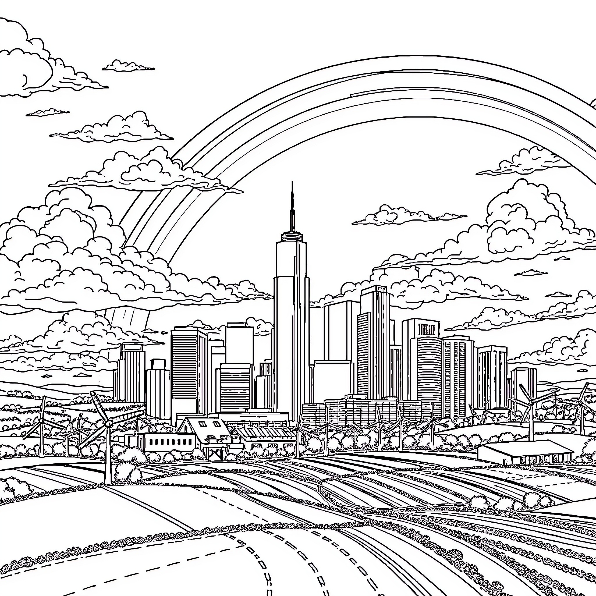 City skyline with rainbow and clouds Coloring Page (free black-and-white line drawing printable PDF for all, from beginners to advanced learners, including children, teens, adults, and seniors)
