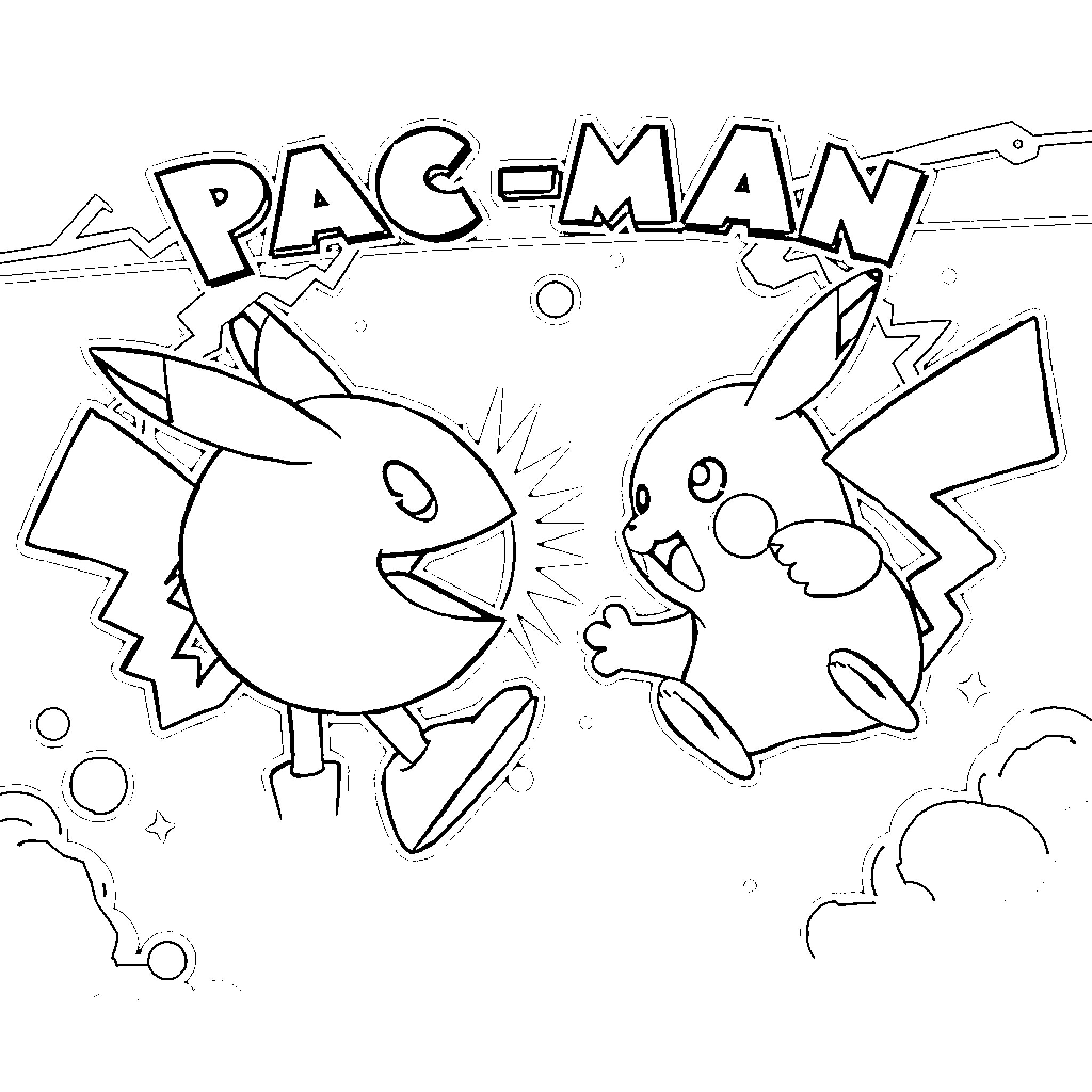 Pac-Man characters in playful scene Coloring Page (free black-and-white line drawing printable PDF for all, from beginners to advanced learners, including children, teens, adults, and seniors)