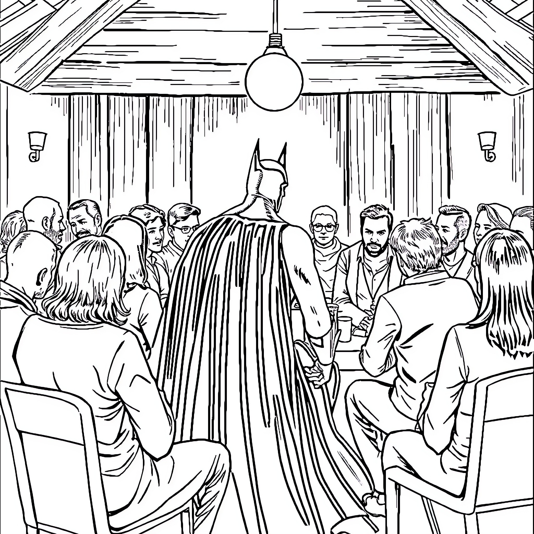 Batman addressing the crowd in an elegant hall Coloring Page (free black-and-white line drawing printable PDF for all, from beginners to advanced learners, including children, teens, adults, and seniors)