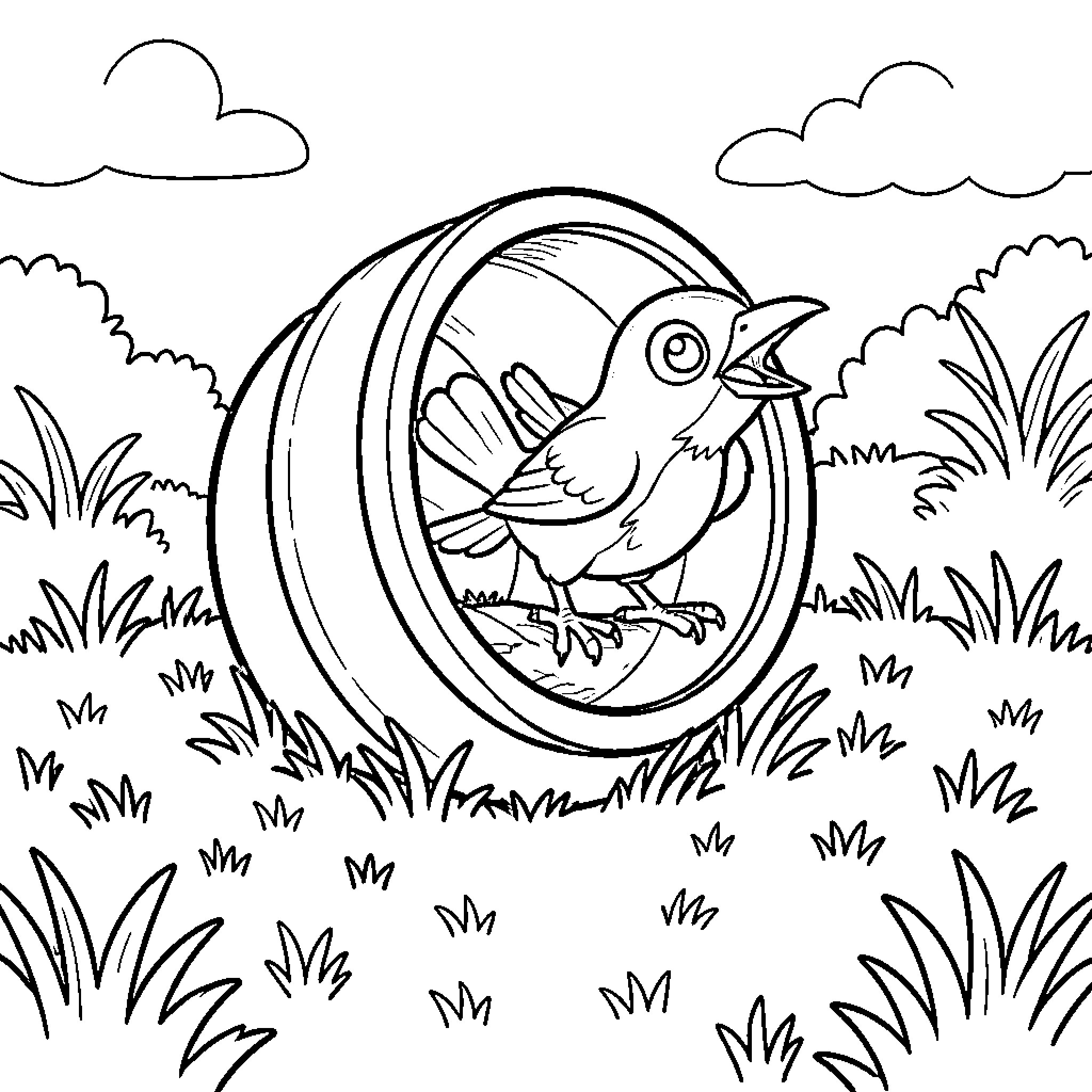 Creeper bird peering through window in grassy field Coloring Page (free black-and-white line drawing printable PDF for all, from beginners to advanced learners, including children, teens, adults, and seniors)
