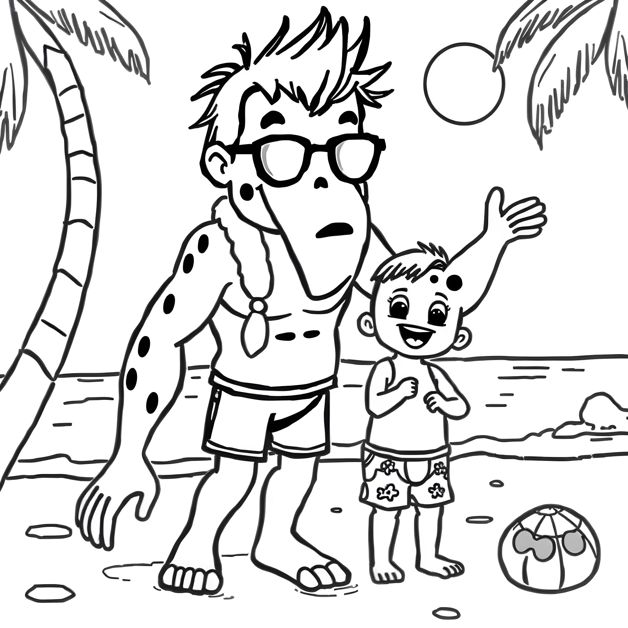 Labubu's beach adventure with friend Coloring Page (free black-and-white line drawing printable PDF for all, from beginners to advanced learners, including children, teens, adults, and seniors)
