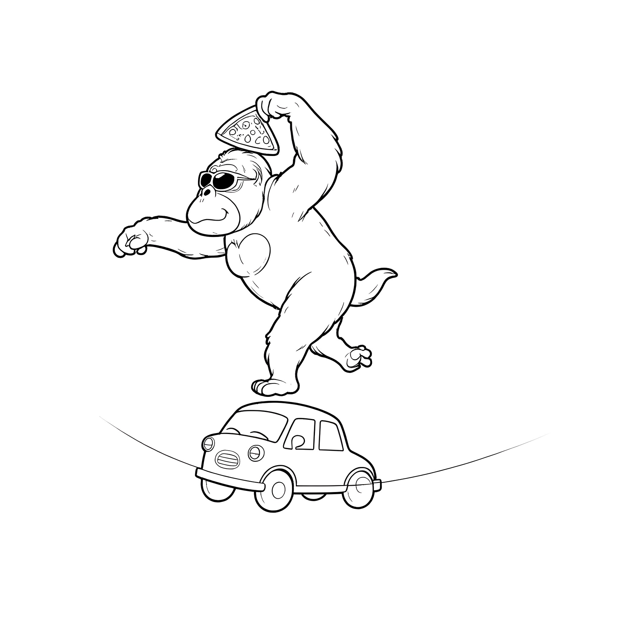 Gorilla balancing pizza slice on tiny car Coloring Page (free black-and-white line drawing printable PDF for all, from beginners to advanced learners, including children, teens, adults, and seniors)