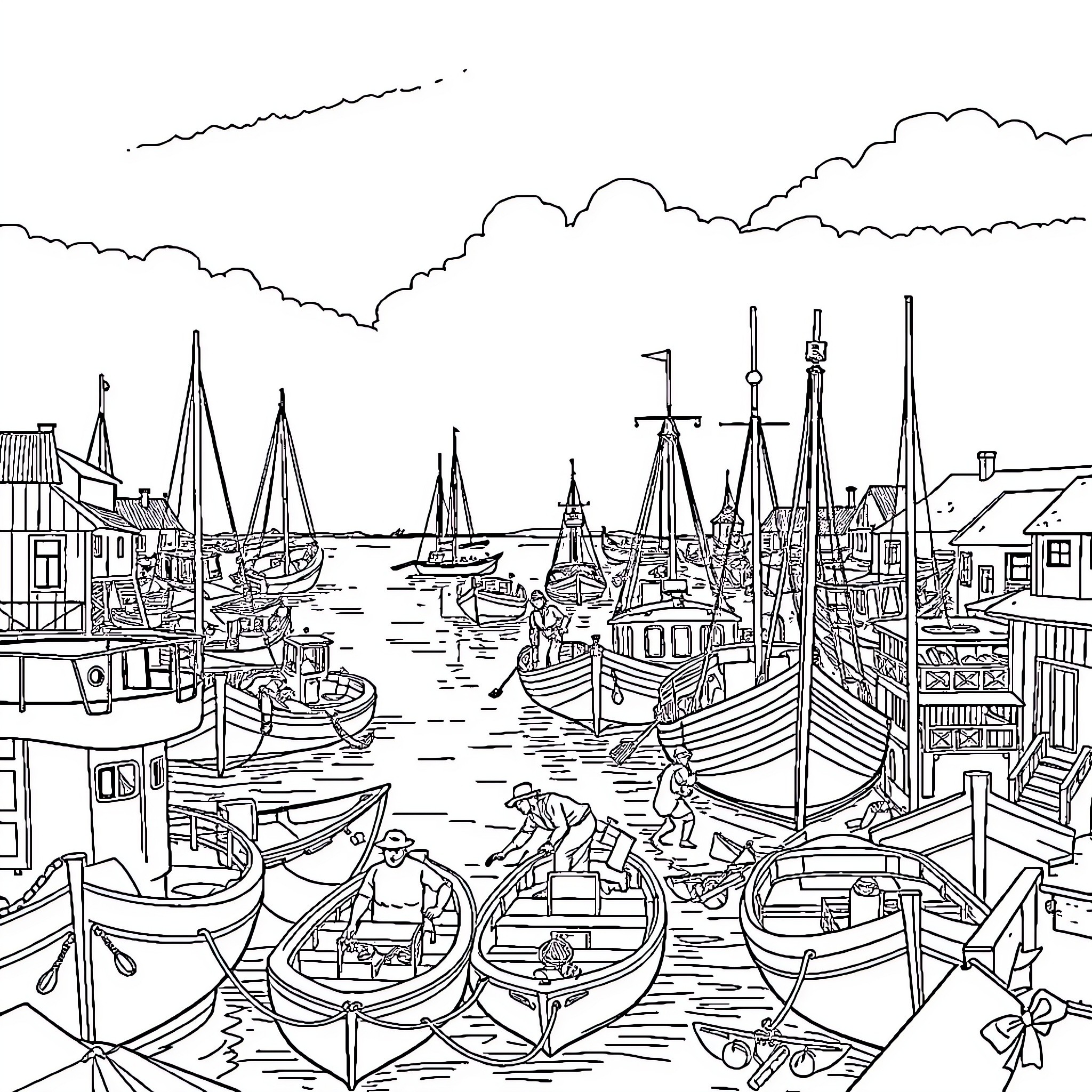 Harbour with Bustling Boats and Fishing Vessels Coloring Page (free black-and-white line drawing printable PDF for all, from beginners to advanced learners, including children, teens, adults, and seniors)