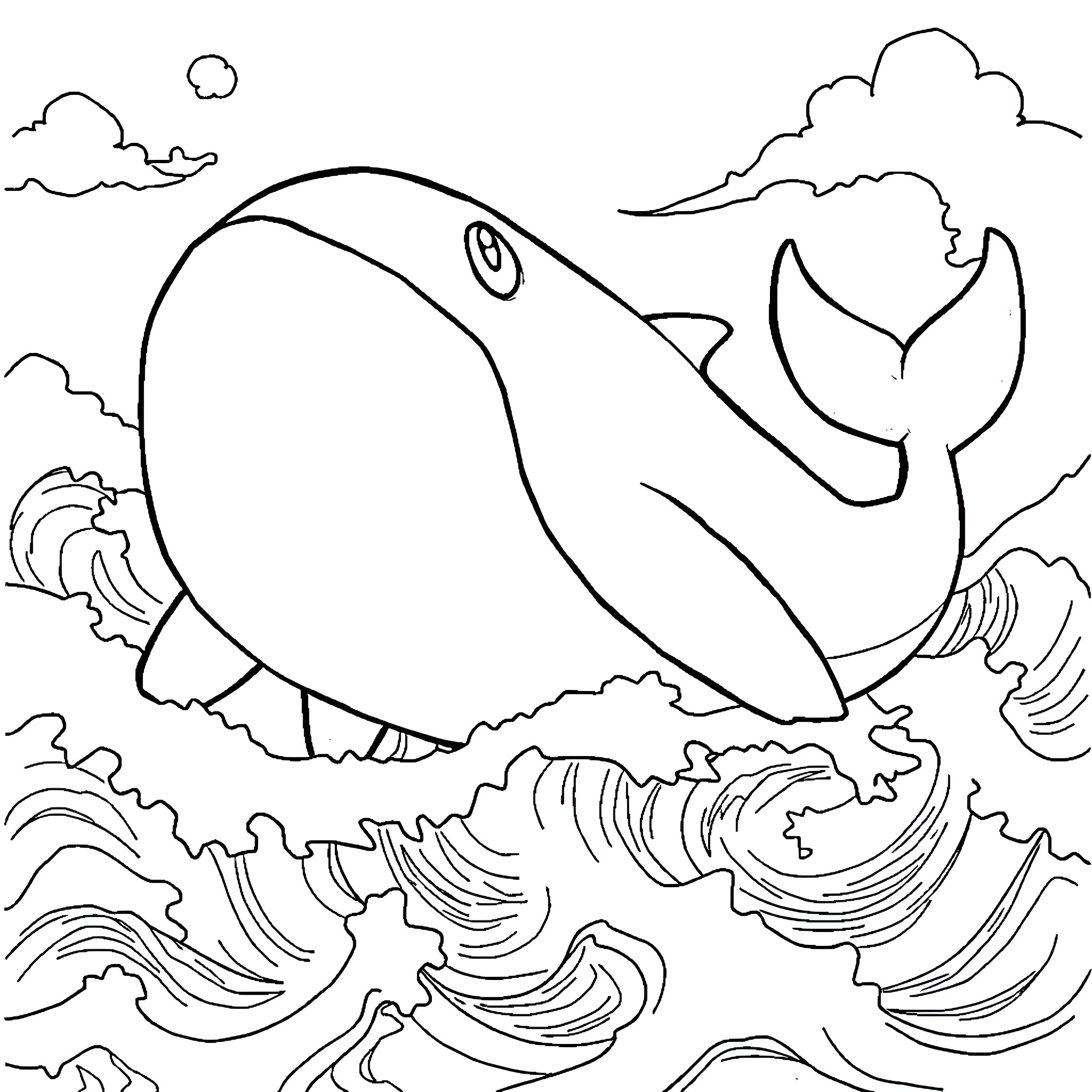 Kyogre surfing through the stormy waves Coloring Page (free black-and-white line drawing printable PDF for all, from beginners to advanced learners, including children, teens, adults, and seniors)