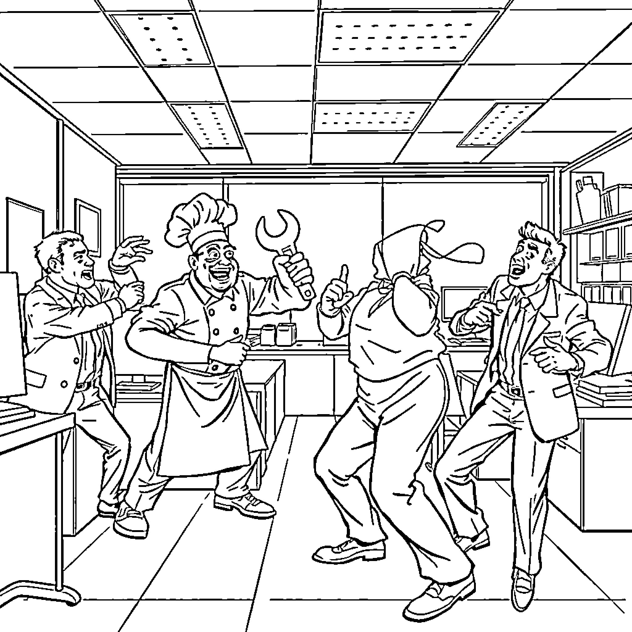 Chef and co-workers celebrating in the kitchen Coloring Page (free black-and-white line drawing printable PDF for all, from beginners to advanced learners, including children, teens, adults, and seniors)
