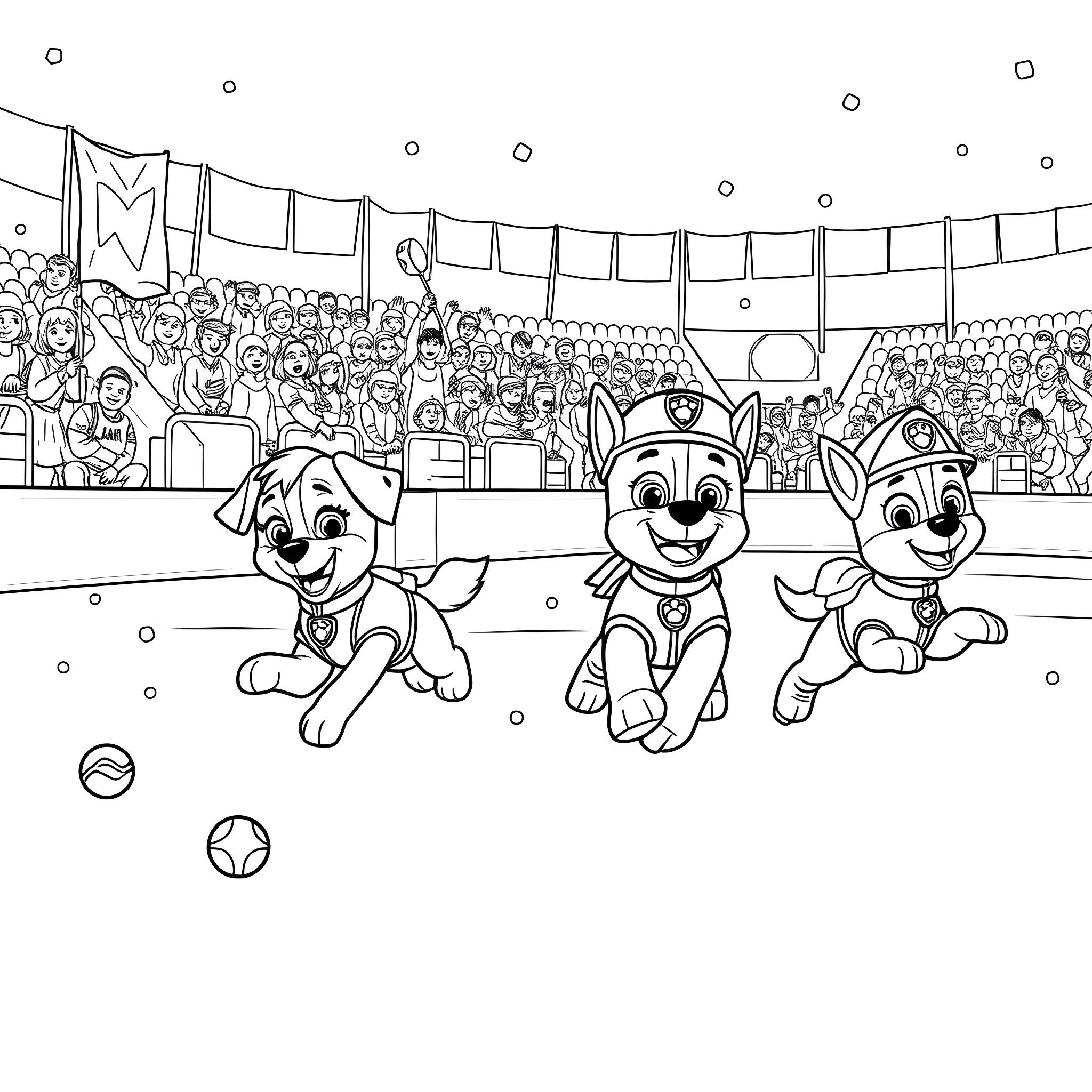 Paw Patrol Pups Performing on Stage Coloring Page (free black-and-white line drawing printable PDF for all, from beginners to advanced learners, including children, teens, adults, and seniors)