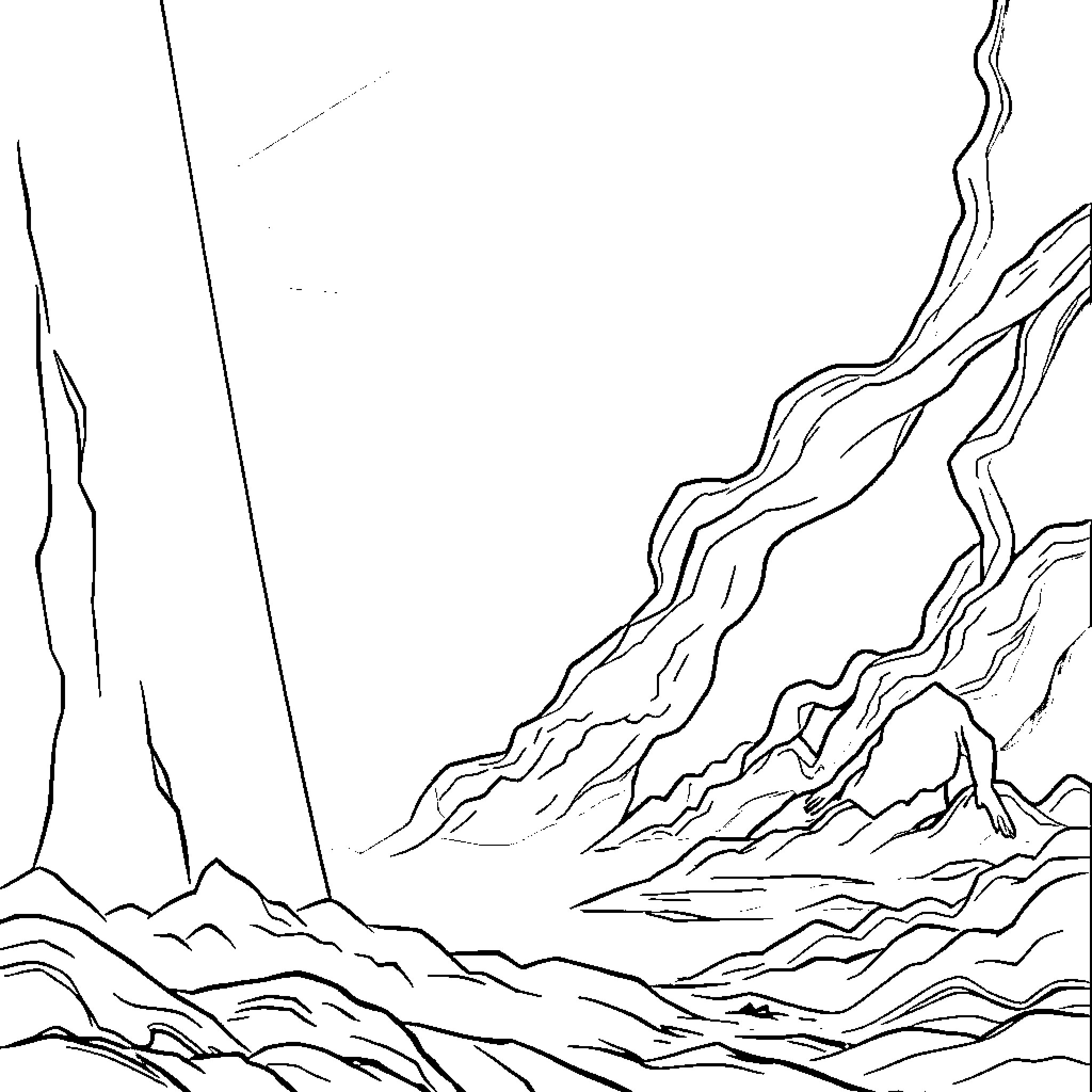 Creation of dramatic mountain landscape Coloring Page (free black-and-white line drawing printable PDF for all, from beginners to advanced learners, including children, teens, adults, and seniors)