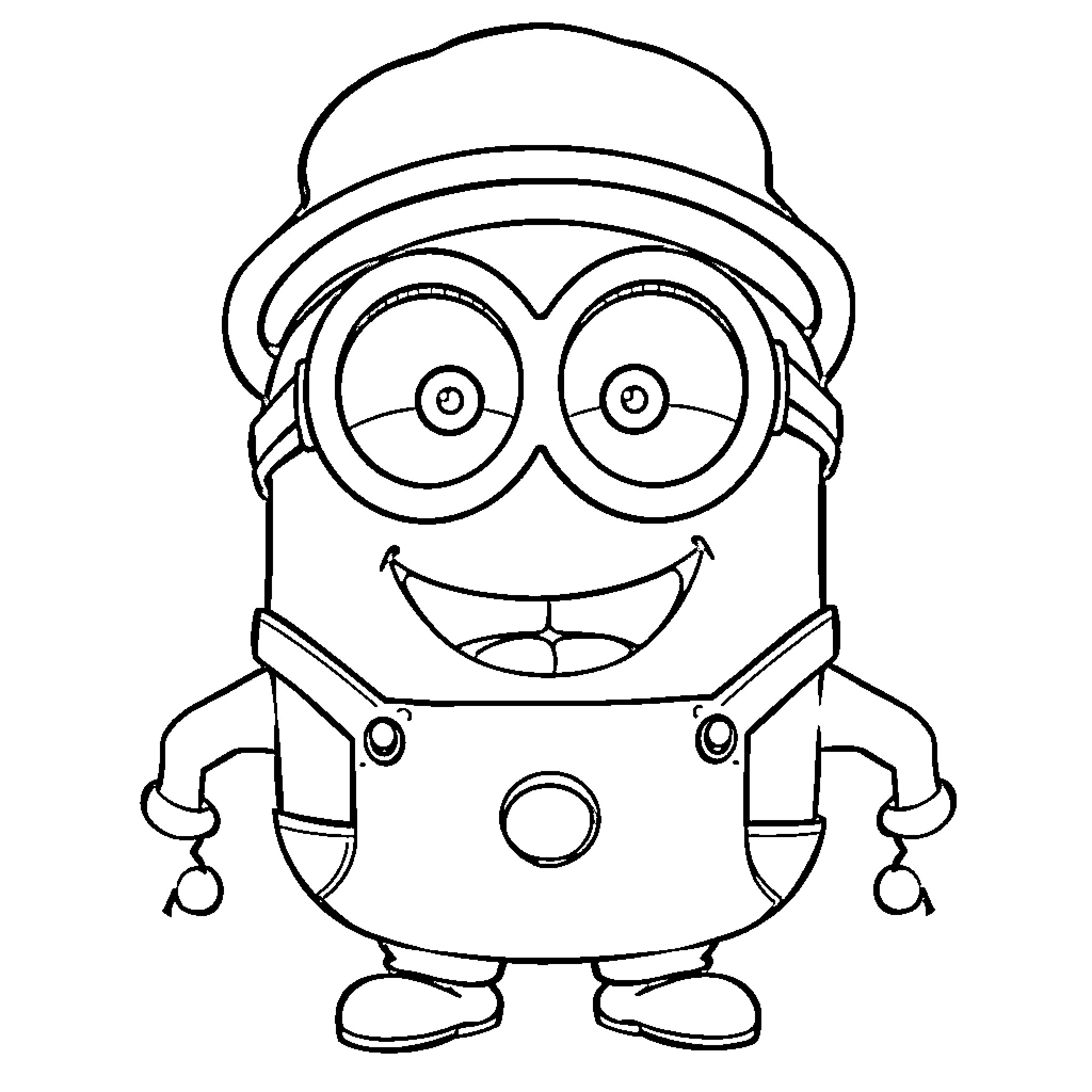 Minion wearing goggles and overalls with happy expression Coloring Page (free black-and-white line drawing printable PDF for all, from beginners to advanced learners, including children, teens, adults, and seniors)