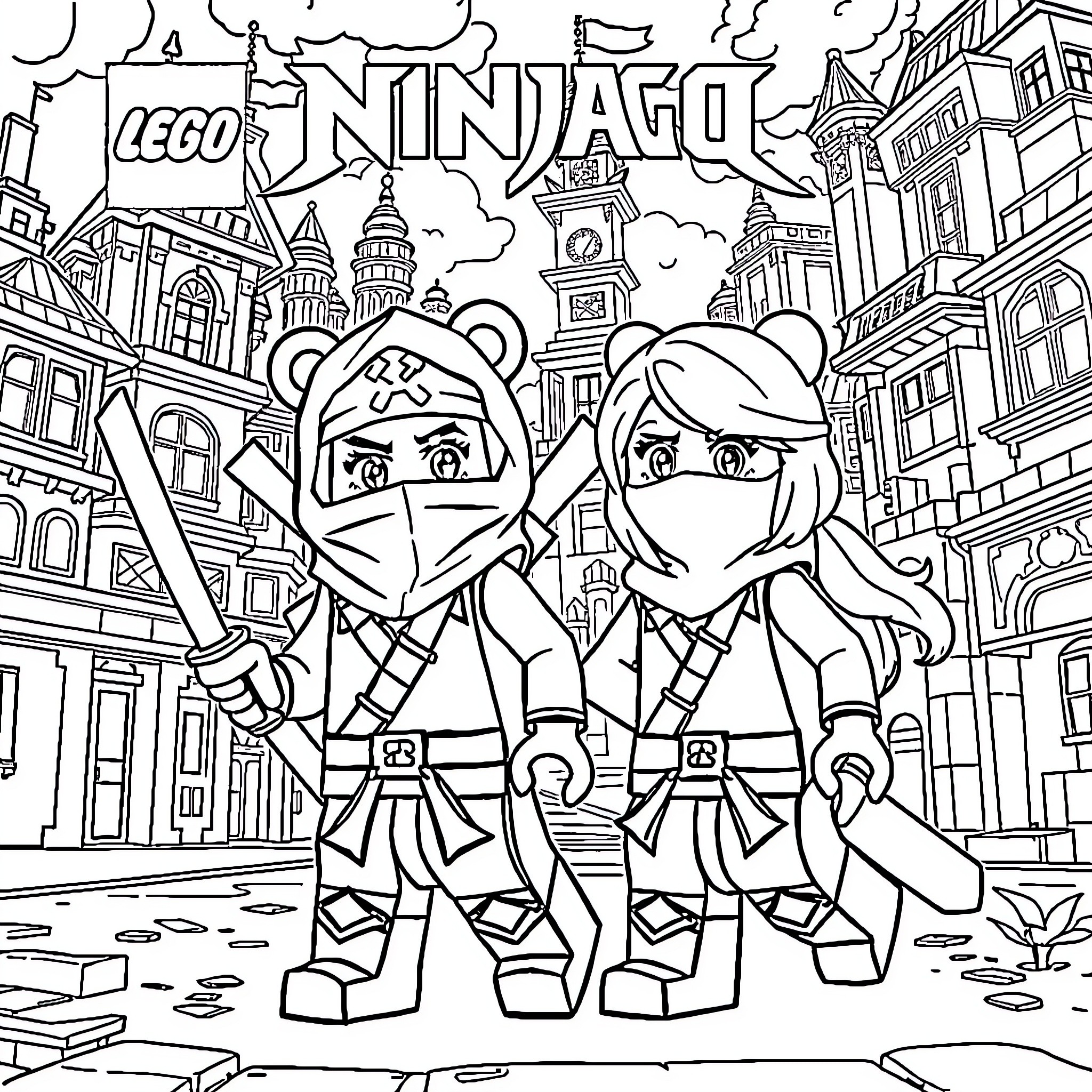 Masha and Ninja in the City Coloring Page (free black-and-white line drawing printable PDF for all, from beginners to advanced learners, including children, teens, adults, and seniors)