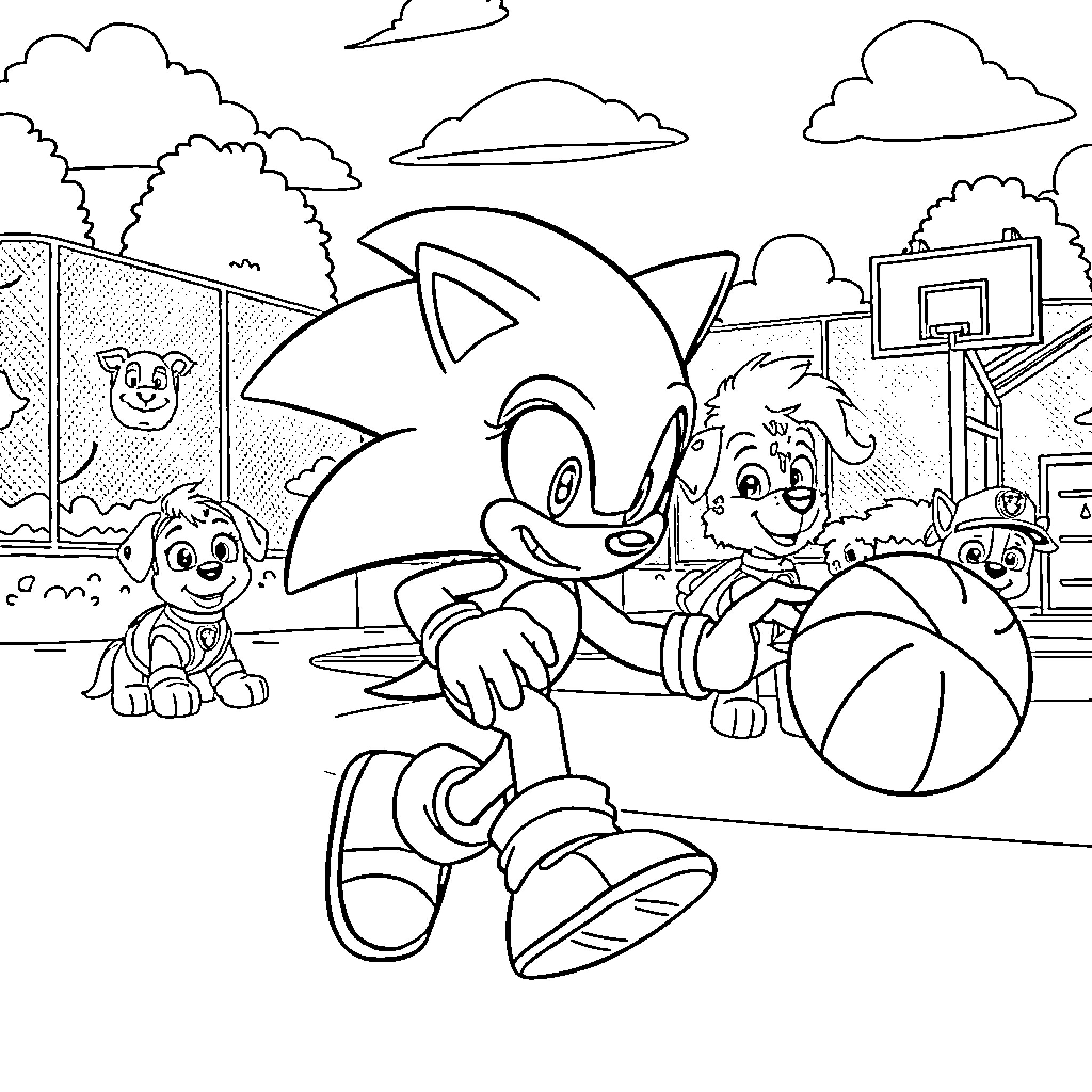 Sonic and Friends Enjoying Outdoor Activities Coloring Page (free black-and-white line drawing printable PDF for all, from beginners to advanced learners, including children, teens, adults, and seniors)