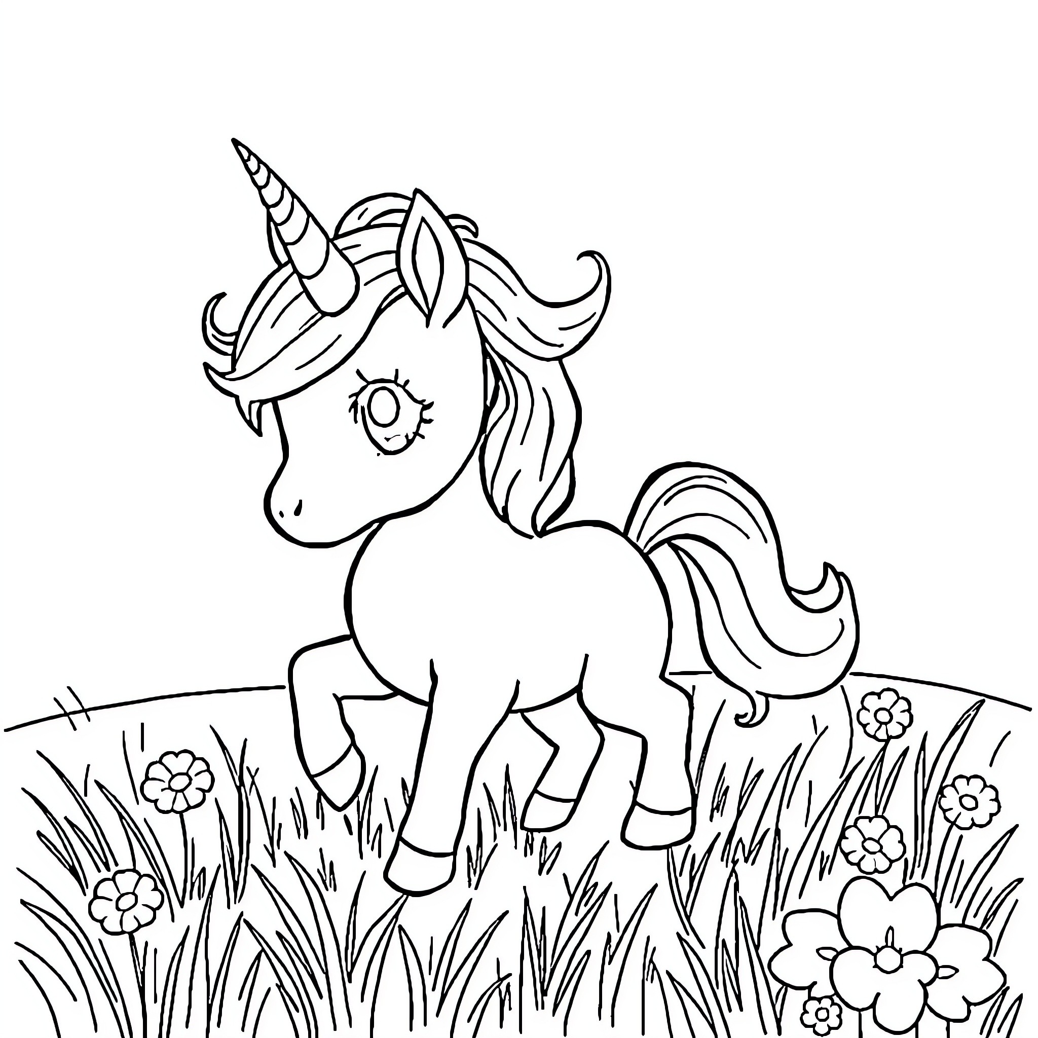 Unicorn frolicking in a flower-filled field Coloring Page (free black-and-white line drawing printable PDF for all, from beginners to advanced learners, including children, teens, adults, and seniors)