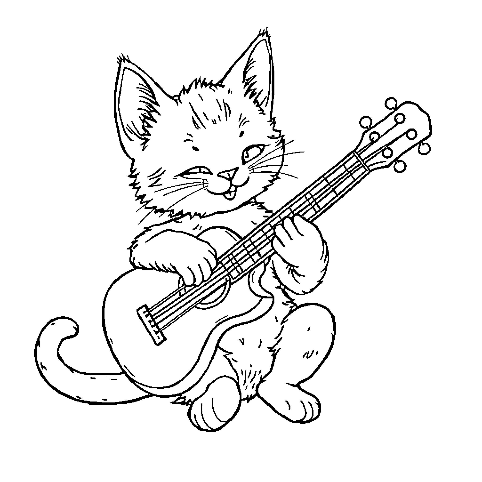 Cat playing guitar happily Coloring Page (free black-and-white line drawing printable PDF for all, from beginners to advanced learners, including children, teens, adults, and seniors)