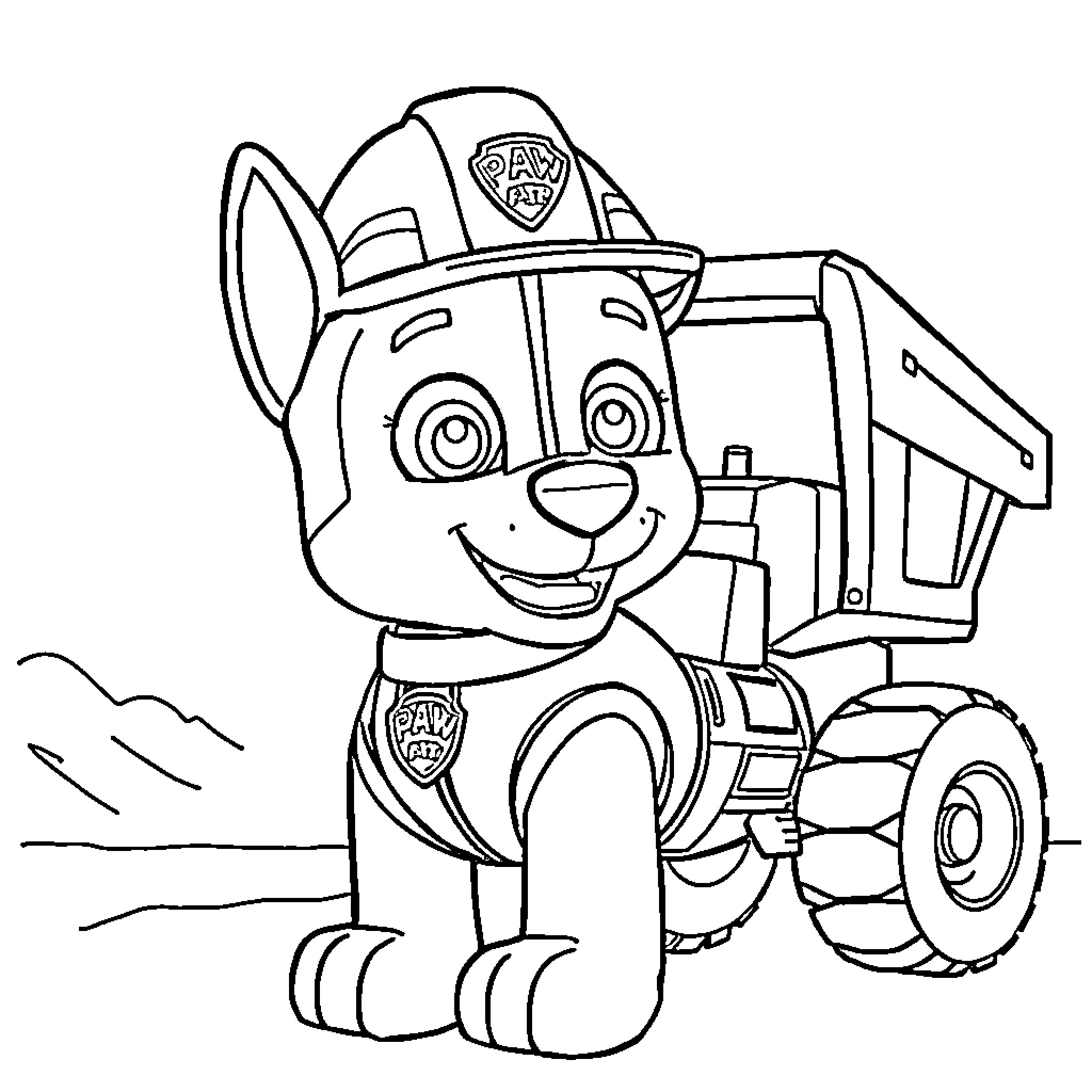 Rubble the rescue pup driving a heavy-duty vehicle Coloring Page (free black-and-white line drawing printable PDF for all, from beginners to advanced learners, including children, teens, adults, and seniors)