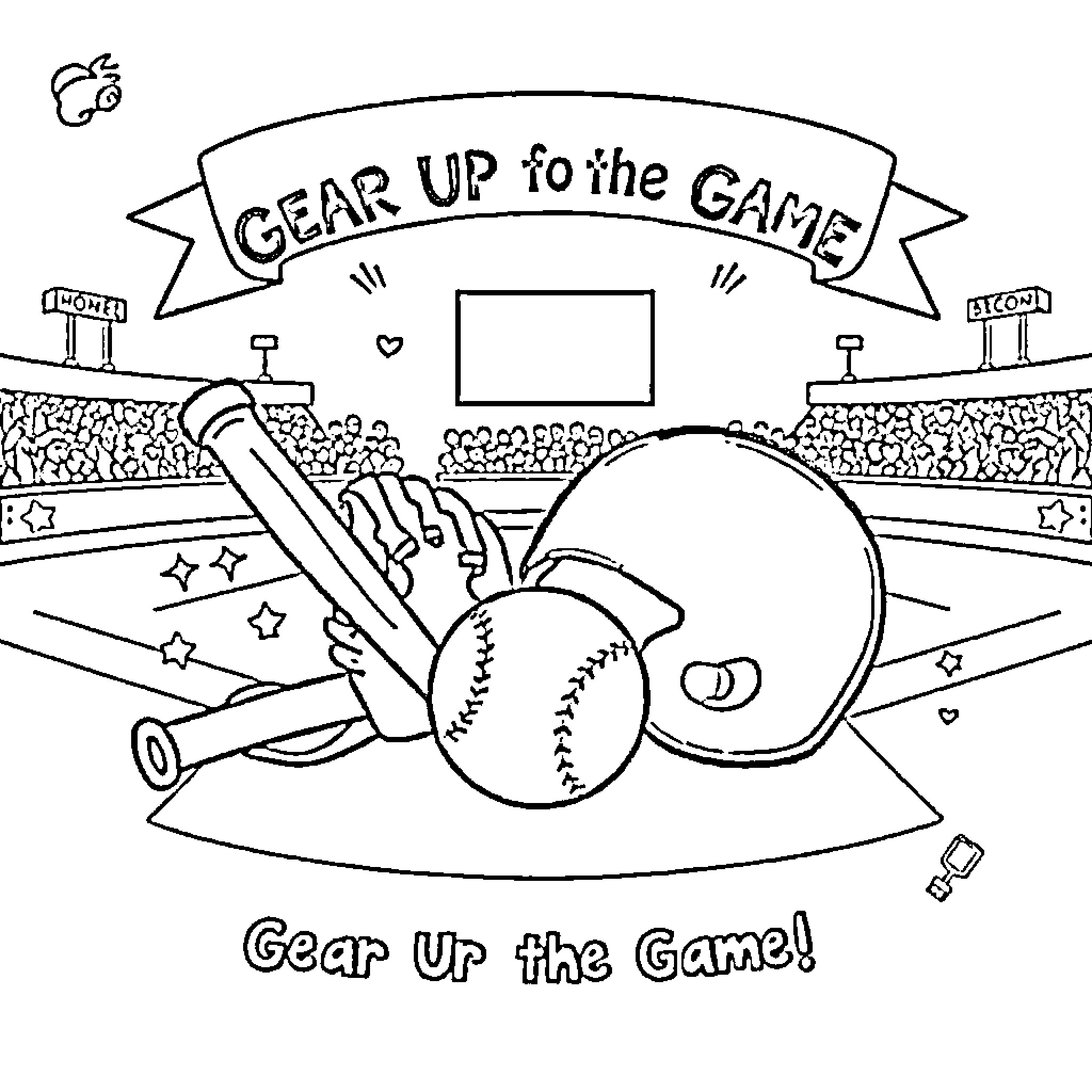 Baseball gear up for the game Coloring Page (free black-and-white line drawing printable PDF for all, from beginners to advanced learners, including children, teens, adults, and seniors)