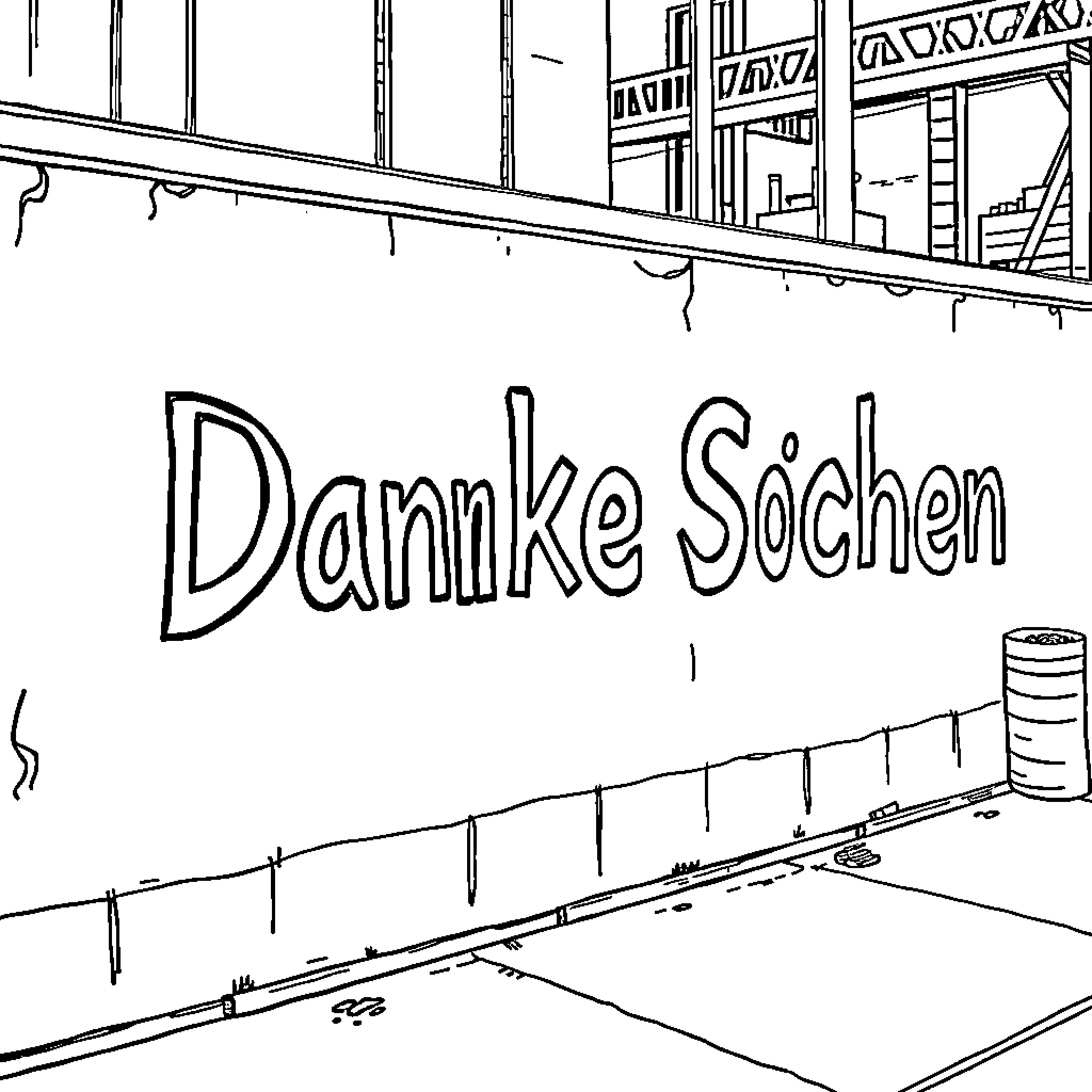 Danke Schön - Cityscape with hand-drawn text Coloring Page (free black-and-white line drawing printable PDF for all, from beginners to advanced learners, including children, teens, adults, and seniors)