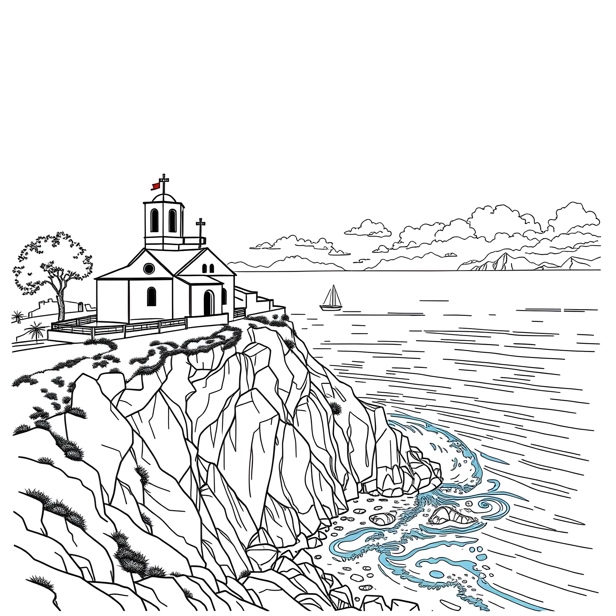 Church on the Cliff overlooking the Serene Ocean Coloring Page (free black-and-white line drawing printable PDF for all, from beginners to advanced learners, including children, teens, adults, and seniors)