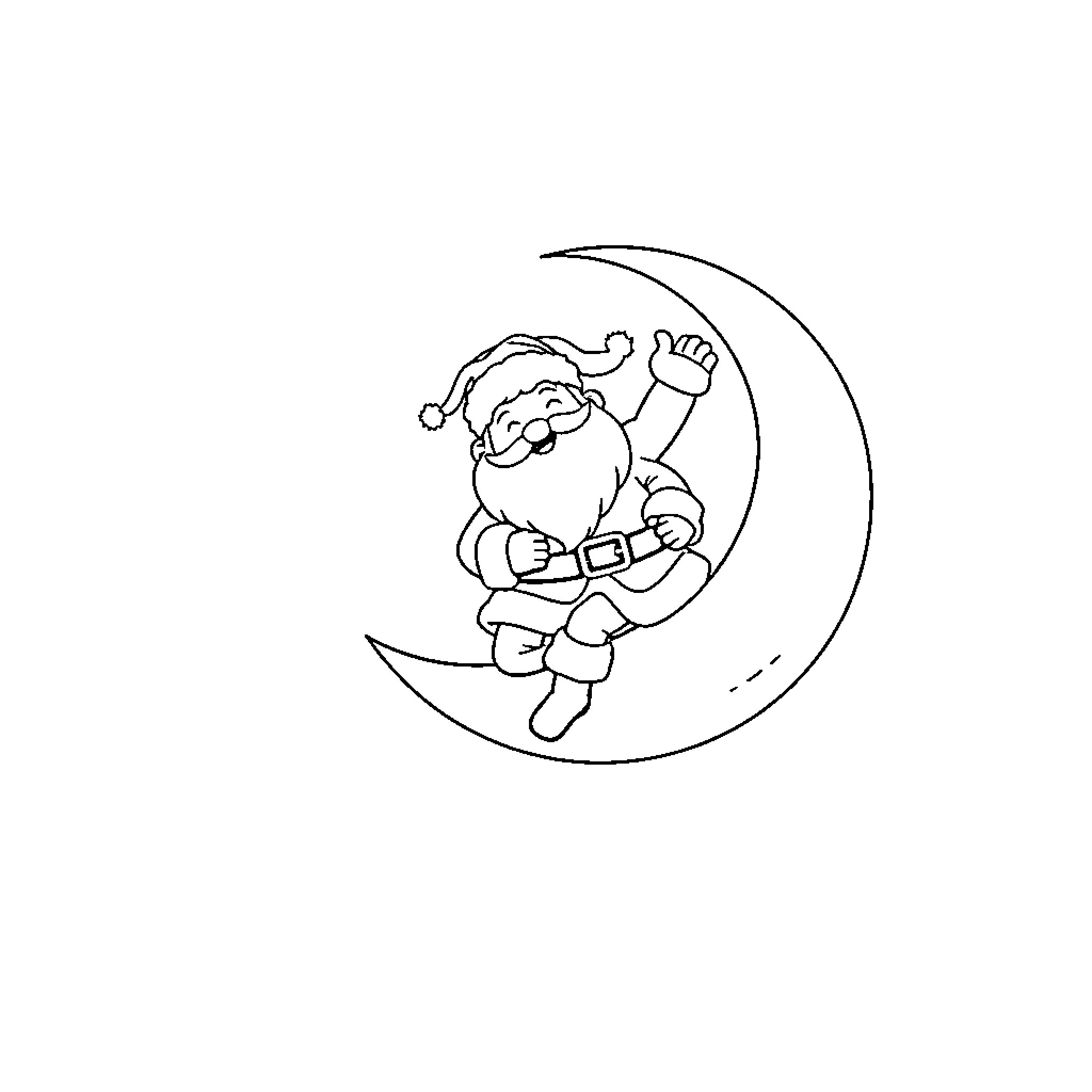 Santa relaxing on crescent moon Coloring Page (free black-and-white line drawing printable PDF for all, from beginners to advanced learners, including children, teens, adults, and seniors)