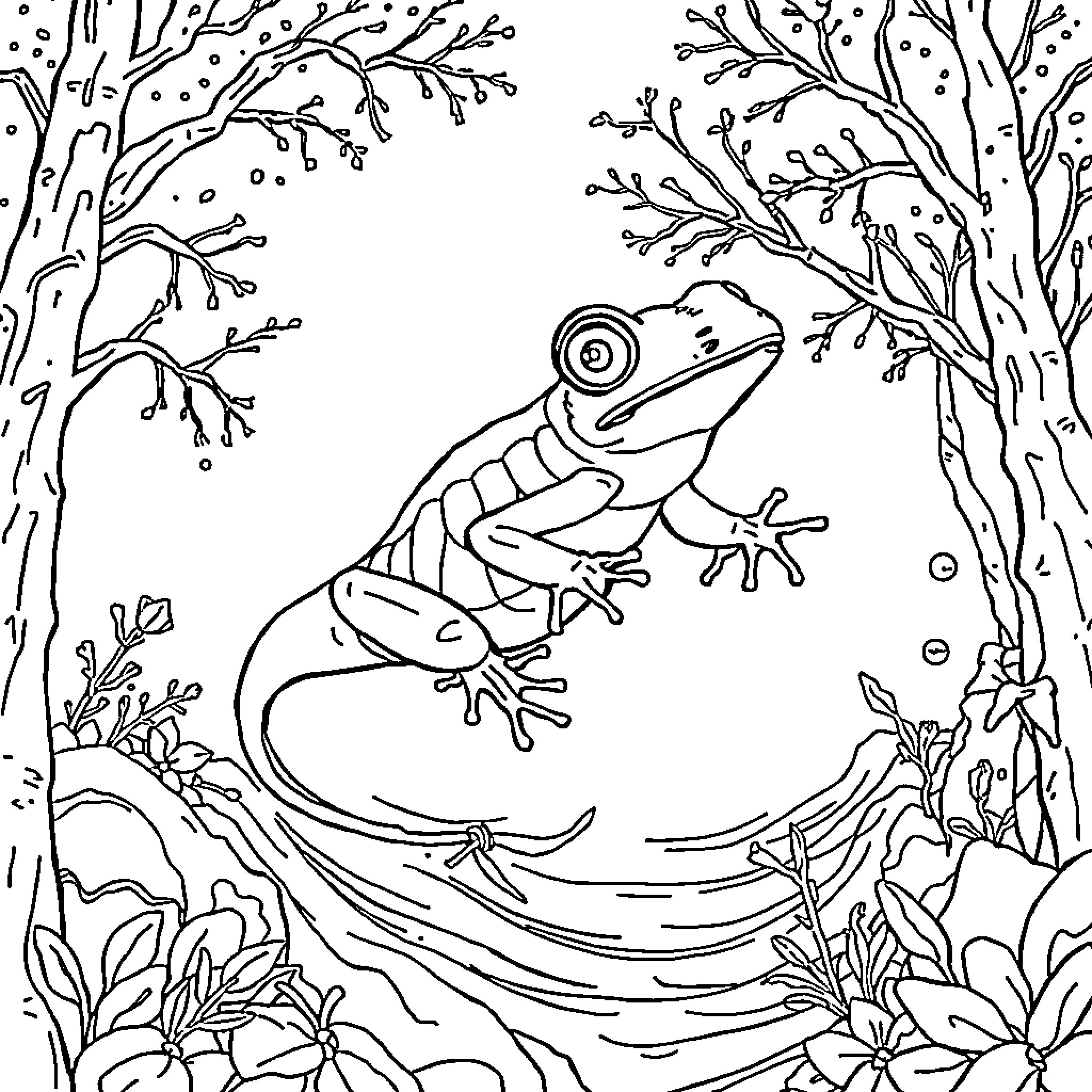 Frog amid lush foliage in forest setting Coloring Page (free black-and-white line drawing printable PDF for all, from beginners to advanced learners, including children, teens, adults, and seniors)
