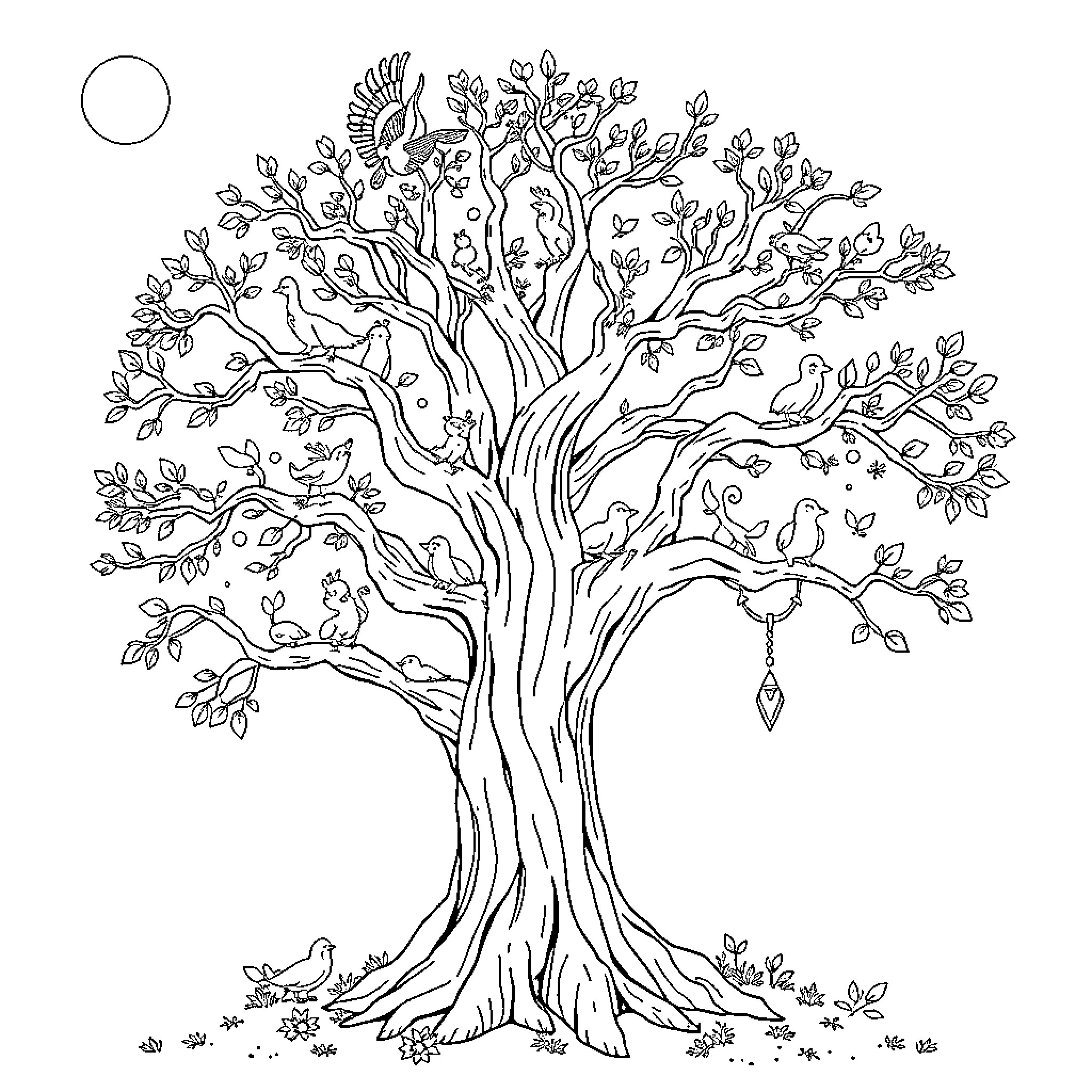 Tree of Life with Whimsical Branches and Creatures Coloring Page (free black-and-white line drawing printable PDF for all, from beginners to advanced learners, including children, teens, adults, and seniors)