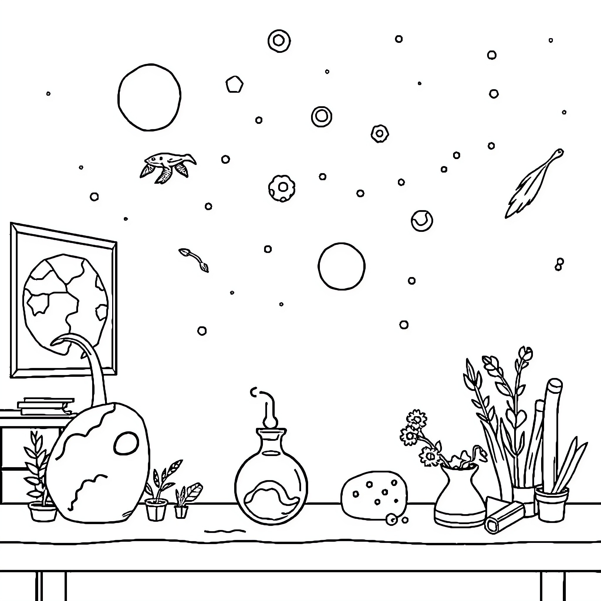 Science experiments in the classroom Coloring Page (free black-and-white line drawing printable PDF for all, from beginners to advanced learners, including children, teens, adults, and seniors)
