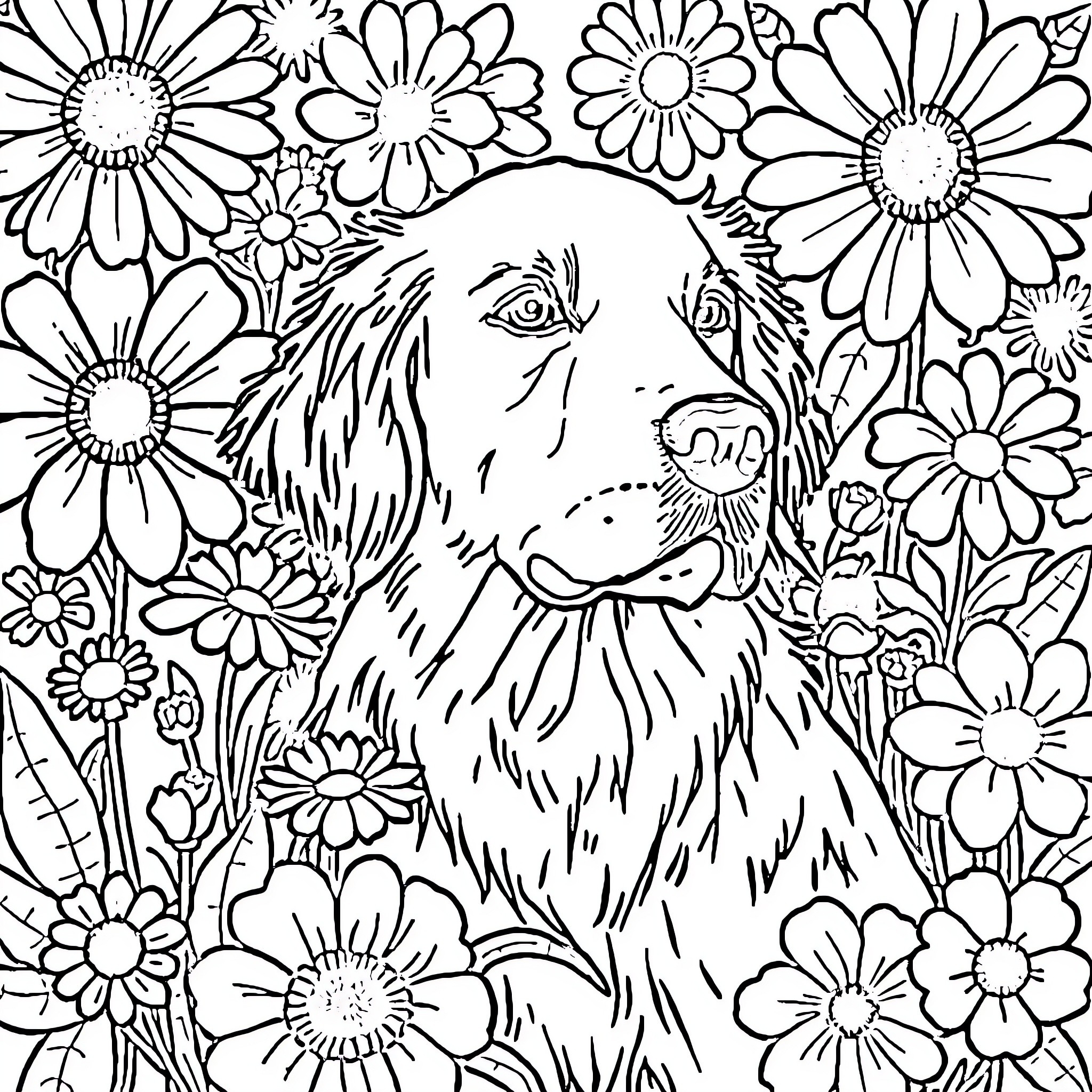 Retriever Amid Blooming Flowers Coloring Page (free black-and-white line drawing printable PDF for all, from beginners to advanced learners, including children, teens, adults, and seniors)