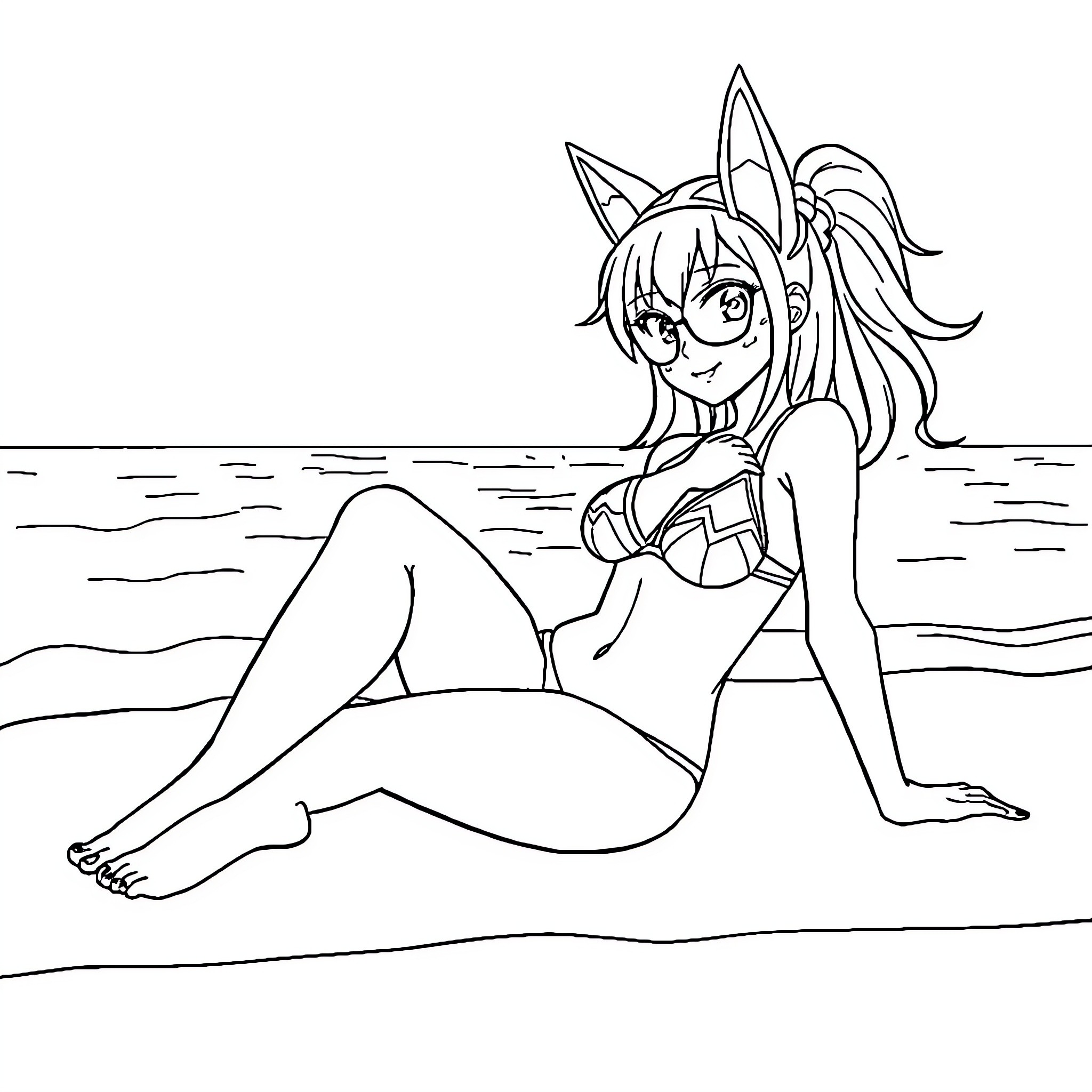 Yoruichi relaxing on the beach Coloring Page (free black-and-white line drawing printable PDF for all, from beginners to advanced learners, including children, teens, adults, and seniors)