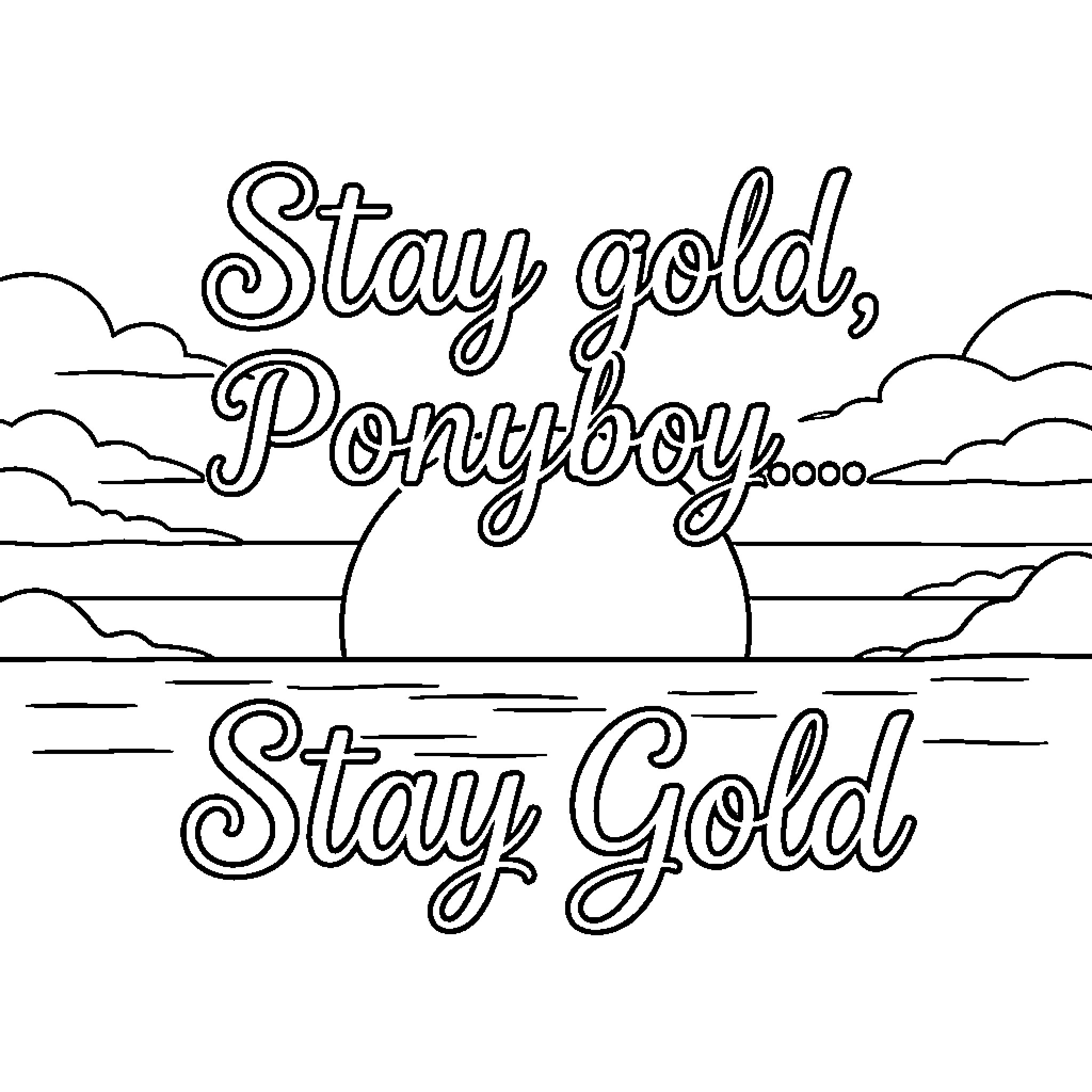 Ponyboy text overlaying a sunset over the ocean Coloring Page (free black-and-white line drawing printable PDF for all, from beginners to advanced learners, including children, teens, adults, and seniors)