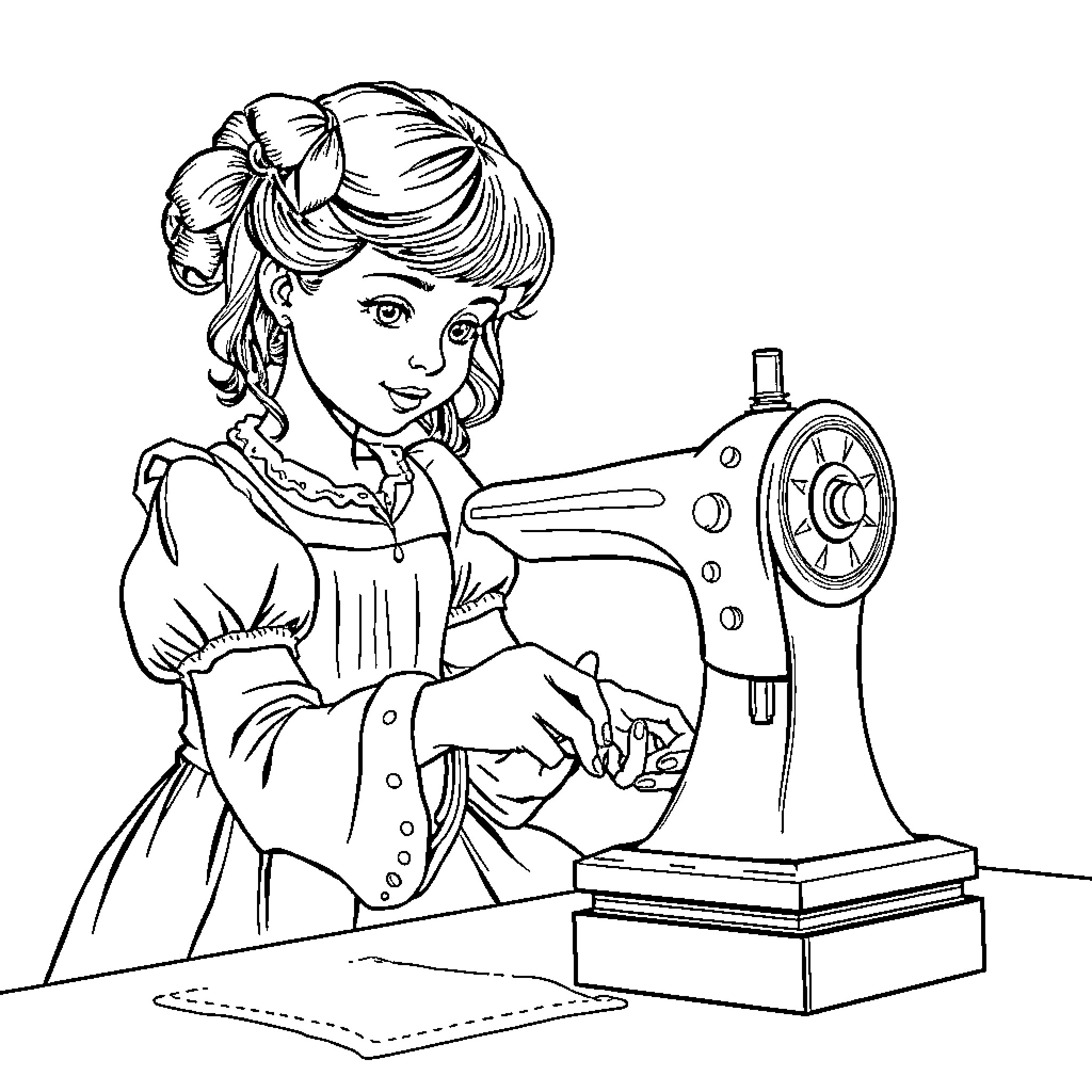 Girl sewing with vintage sewing machine Coloring Page (free black-and-white line drawing printable PDF for all, from beginners to advanced learners, including children, teens, adults, and seniors)