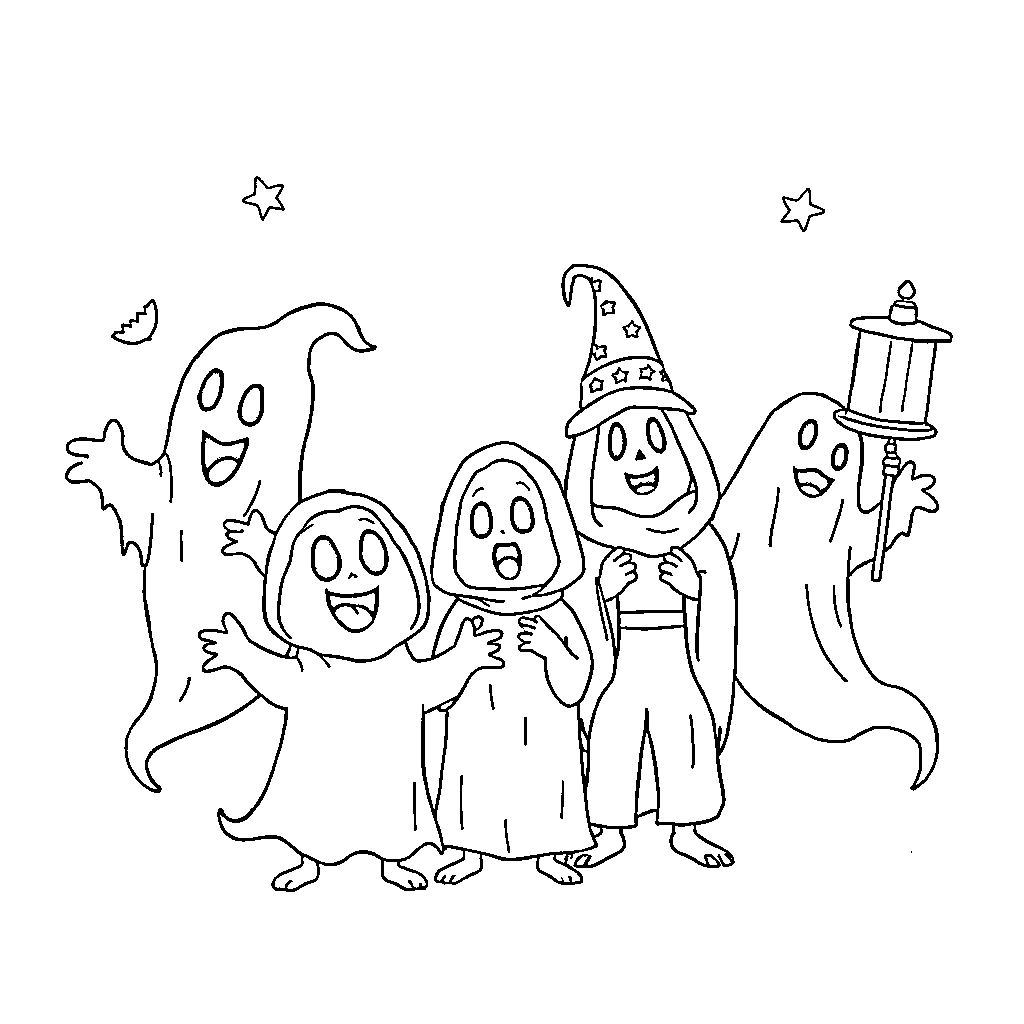 Ghost Figures Playing and Celebrating at Night Coloring Page (free black-and-white line drawing printable PDF for all, from beginners to advanced learners, including children, teens, adults, and seniors)