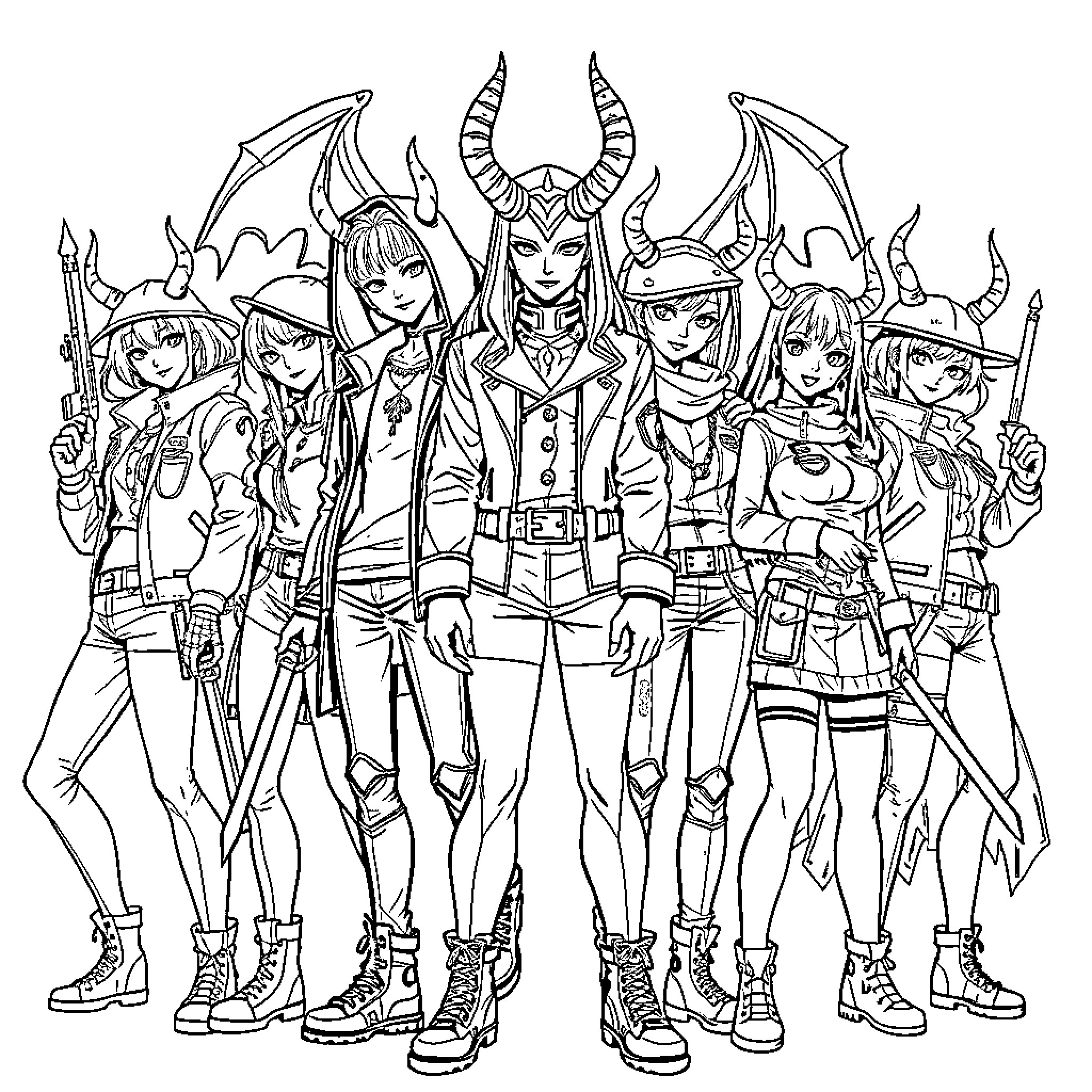 Demon Hunters in Action-Packed Outfits and Poses Coloring Page (free black-and-white line drawing printable PDF for all, from beginners to advanced learners, including children, teens, adults, and seniors)