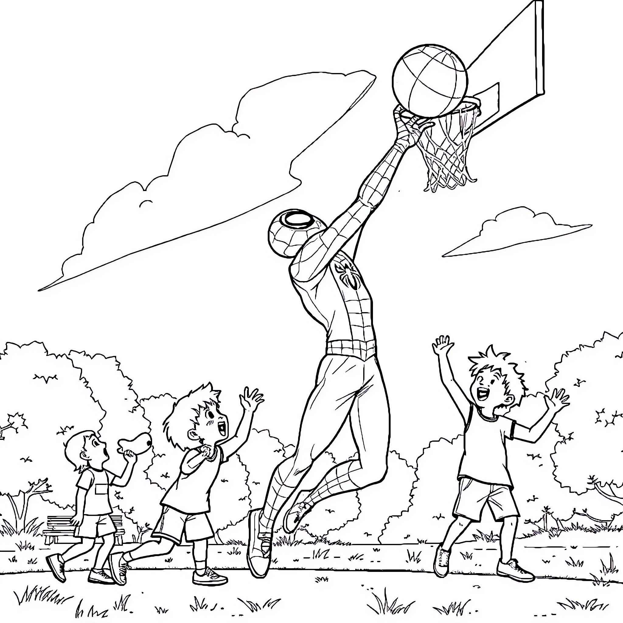 Spiderman playing basketball with friends outdoors Coloring Page (free black-and-white line drawing printable PDF for all, from beginners to advanced learners, including children, teens, adults, and seniors)