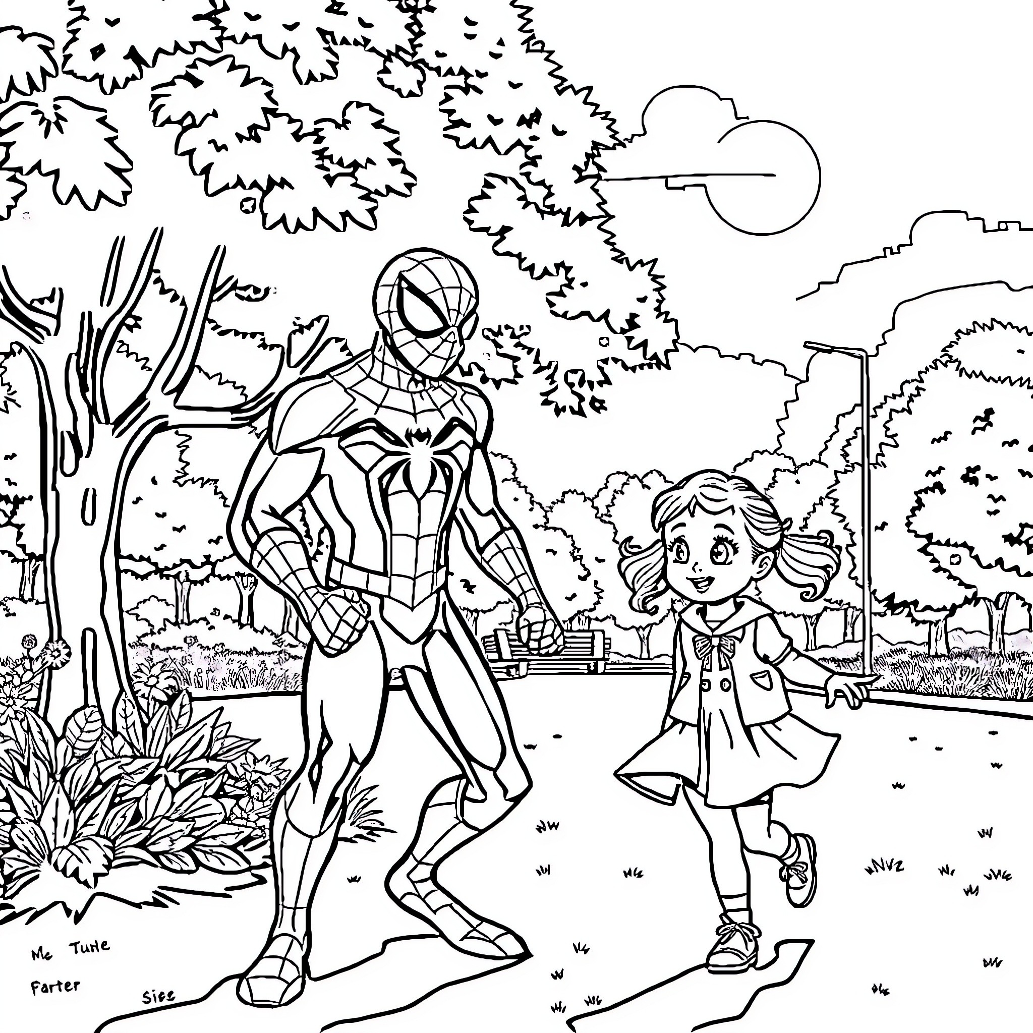 Spiderman meets a young girl in the park Coloring Page (free black-and-white line drawing printable PDF for all, from beginners to advanced learners, including children, teens, adults, and seniors)
