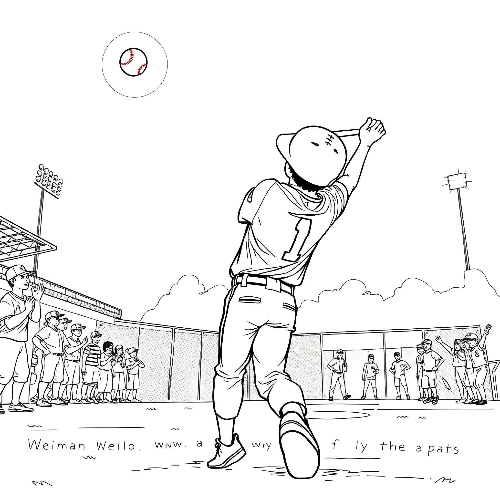Kid playing baseball with crowd in stadium Coloring Page (free black-and-white line drawing printable PDF for all, from beginners to advanced learners, including children, teens, adults, and seniors)