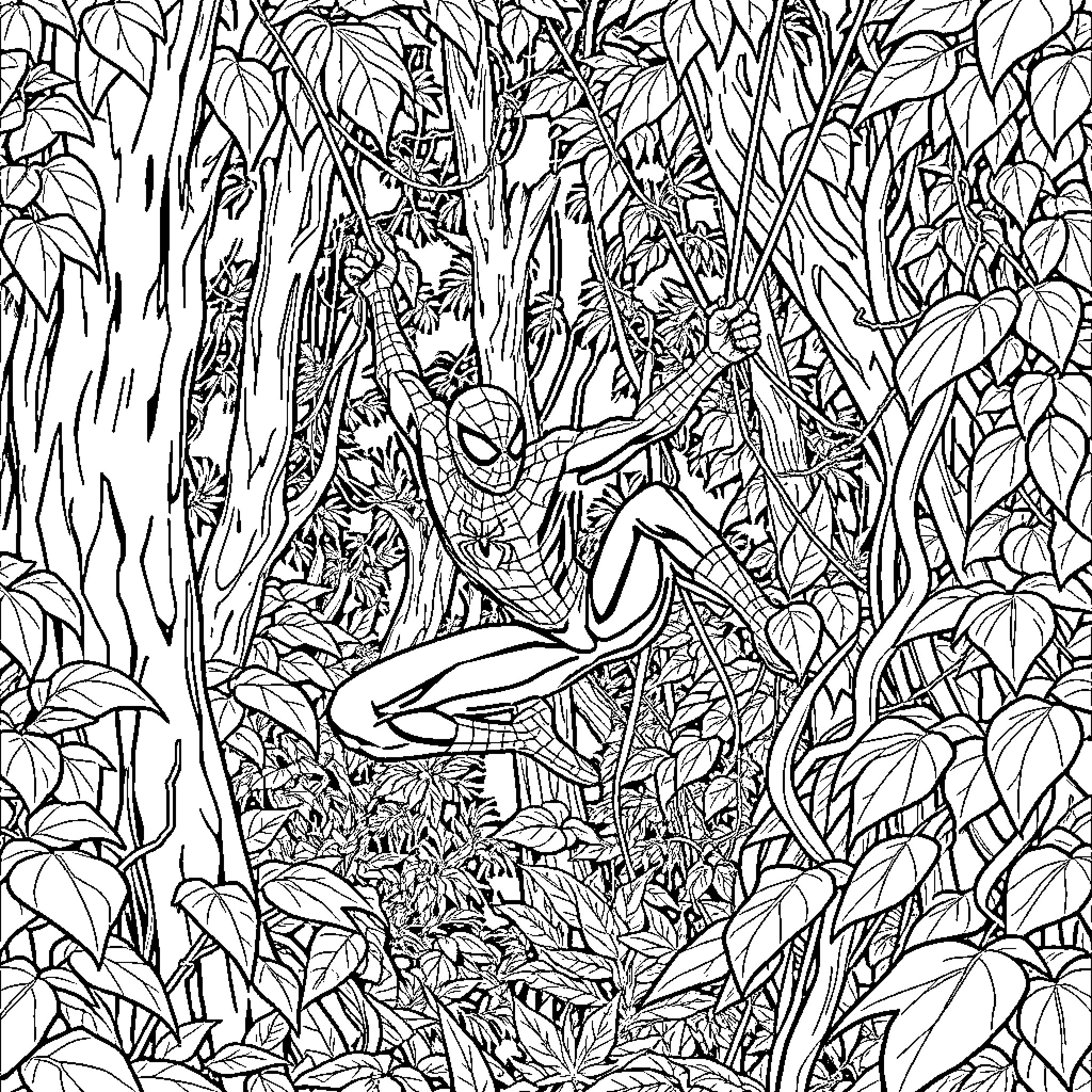 Spider-Man swinging through the dense jungle landscape Coloring Page (free black-and-white line drawing printable PDF for all, from beginners to advanced learners, including children, teens, adults, and seniors)