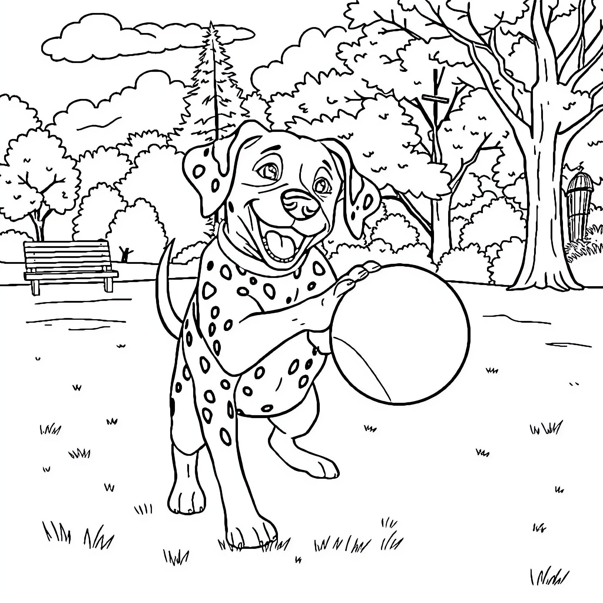 Dalmatian playing joyfully with ball in park Coloring Page (free black-and-white line drawing printable PDF for all, from beginners to advanced learners, including children, teens, adults, and seniors)