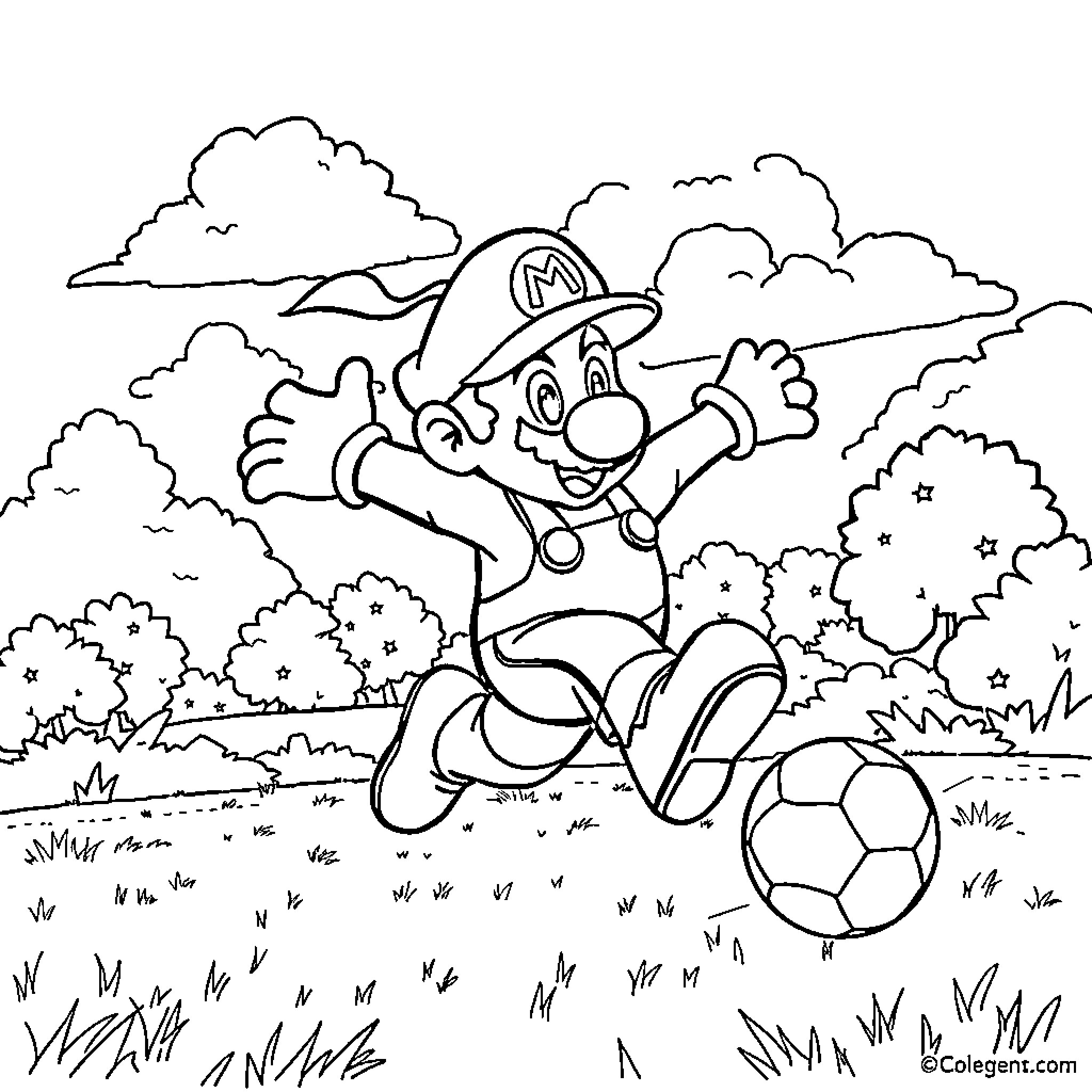 Mario Kicking Soccer Ball in Grassy Landscape Coloring Page (free black-and-white line drawing printable PDF for all, from beginners to advanced learners, including children, teens, adults, and seniors)