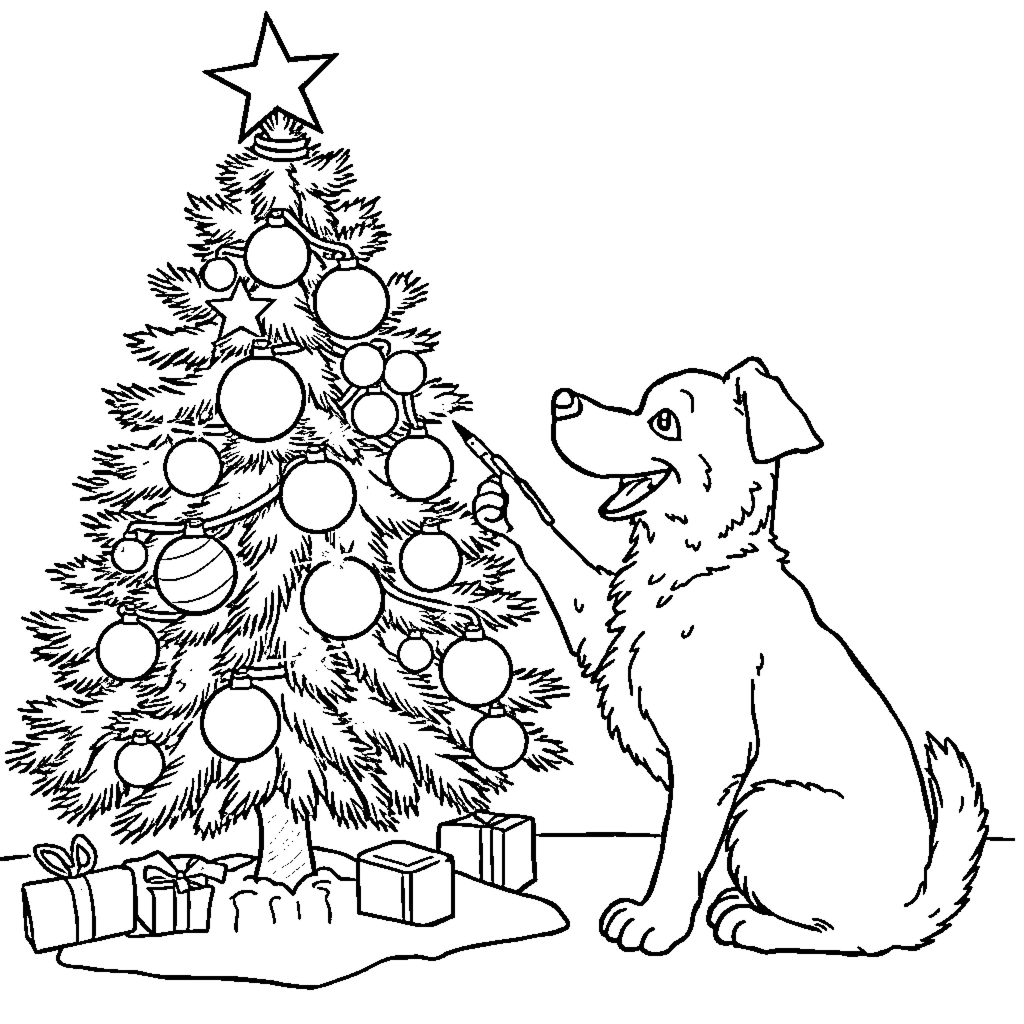 Dog enjoying the Christmas tree with presents Coloring Page (free black-and-white line drawing printable PDF for all, from beginners to advanced learners, including children, teens, adults, and seniors)