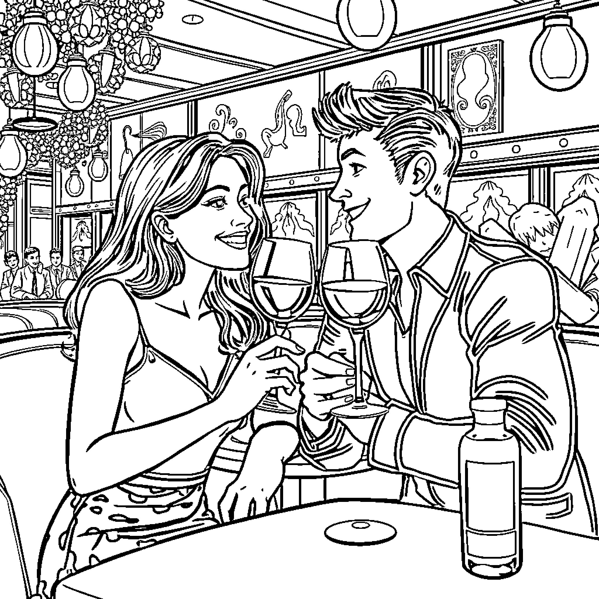 Couple enjoying drinks at a fancy restaurant Coloring Page (free black-and-white line drawing printable PDF for all, from beginners to advanced learners, including children, teens, adults, and seniors)