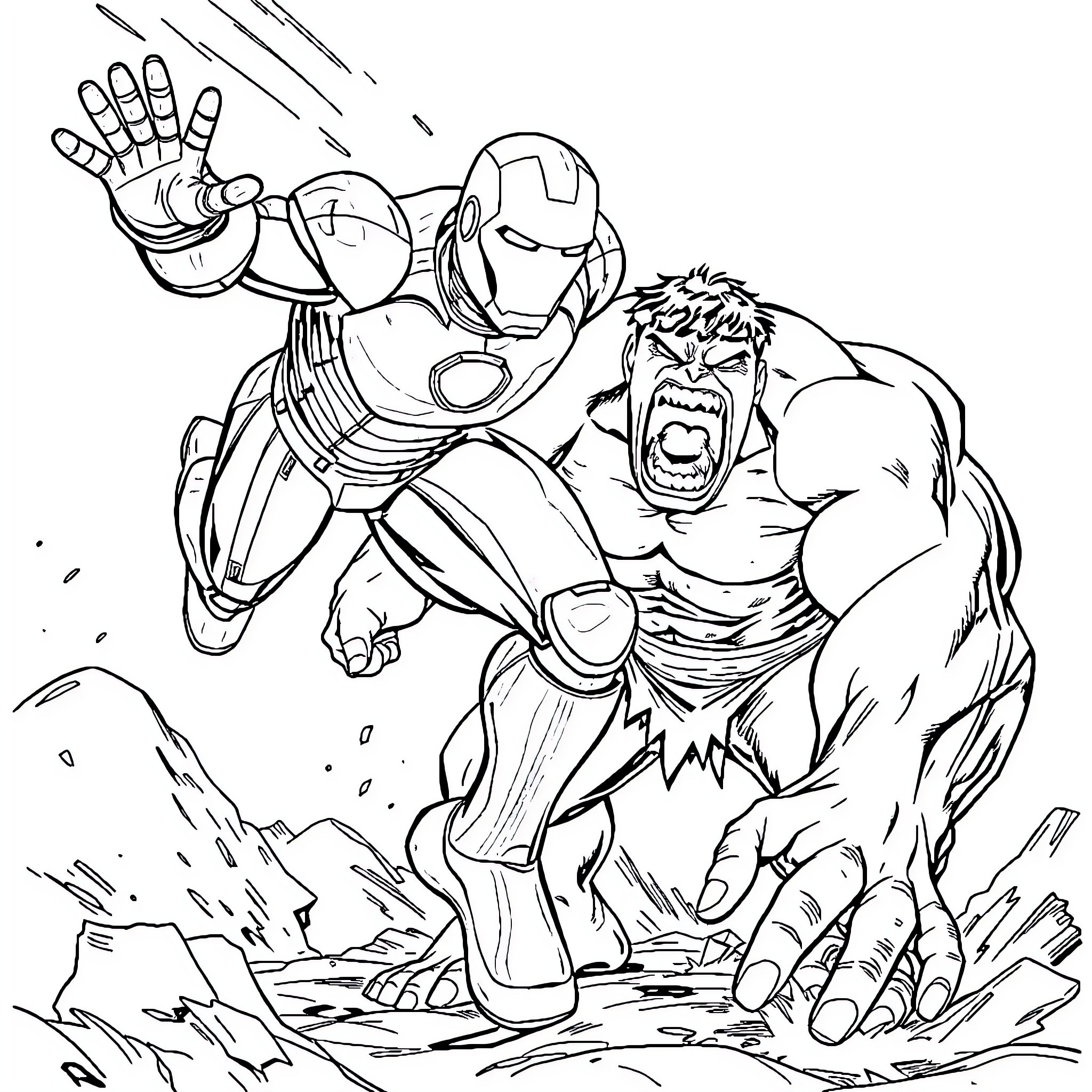 Ironman Battles Hulk in Explosive Showdown Coloring Page (free black-and-white line drawing printable PDF for all, from beginners to advanced learners, including children, teens, adults, and seniors)