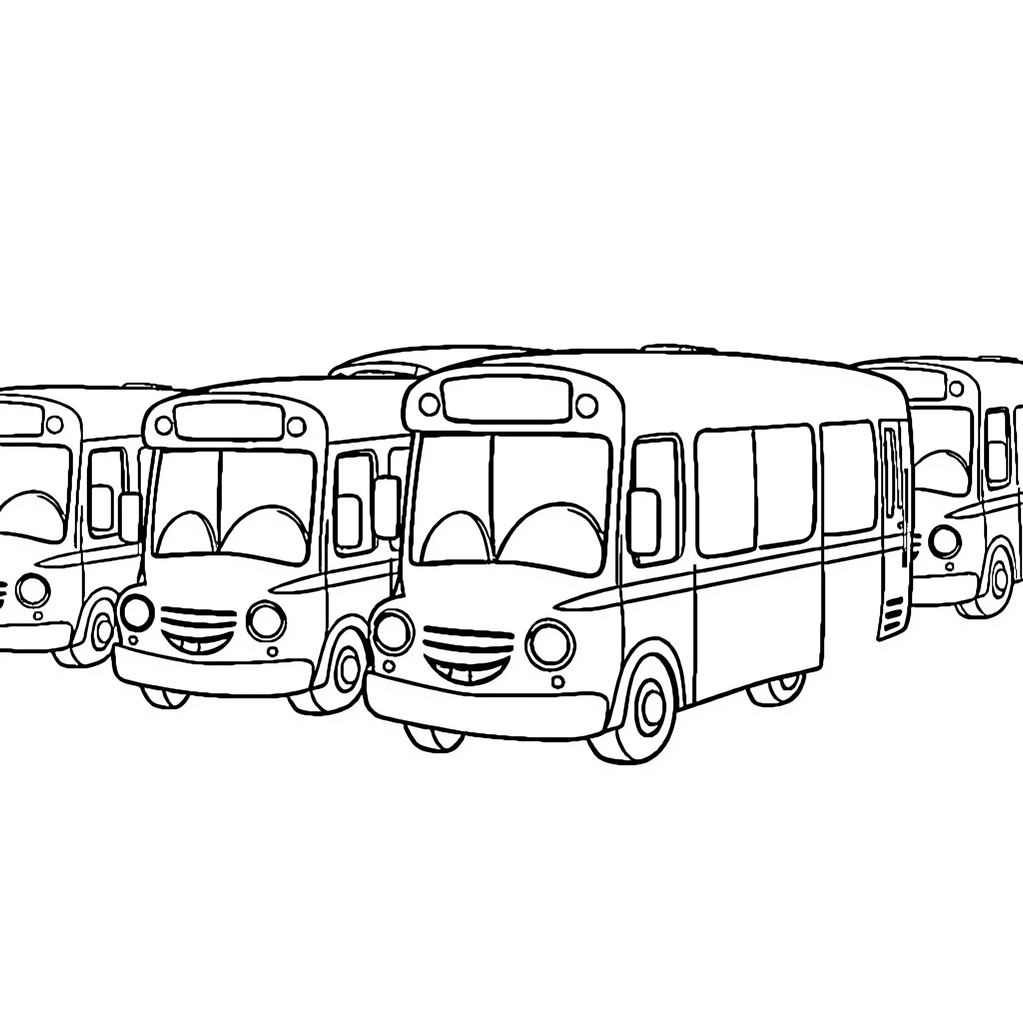 Bus with Smiling Passengers in Line Coloring Page (free black-and-white line drawing printable PDF for all, from beginners to advanced learners, including children, teens, adults, and seniors)