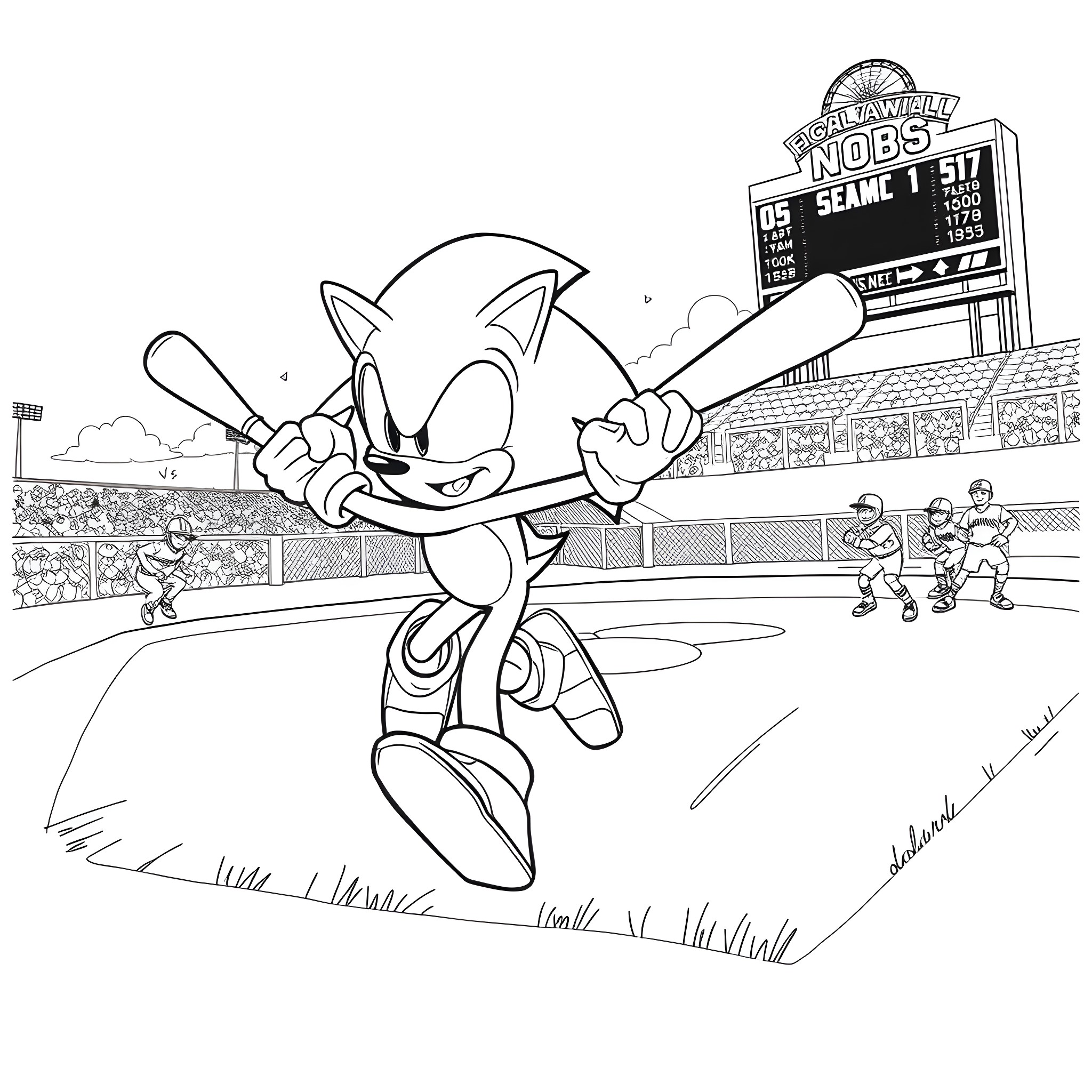 Sonic the Hedgehog batting at a baseball game Coloring Page (free black-and-white line drawing printable PDF for all, from beginners to advanced learners, including children, teens, adults, and seniors)