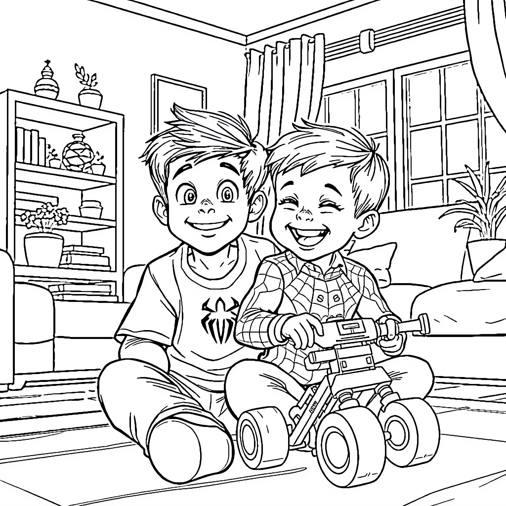 Brothers playing with toys in their room Coloring Page (free black-and-white line drawing printable PDF for all, from beginners to advanced learners, including children, teens, adults, and seniors)
